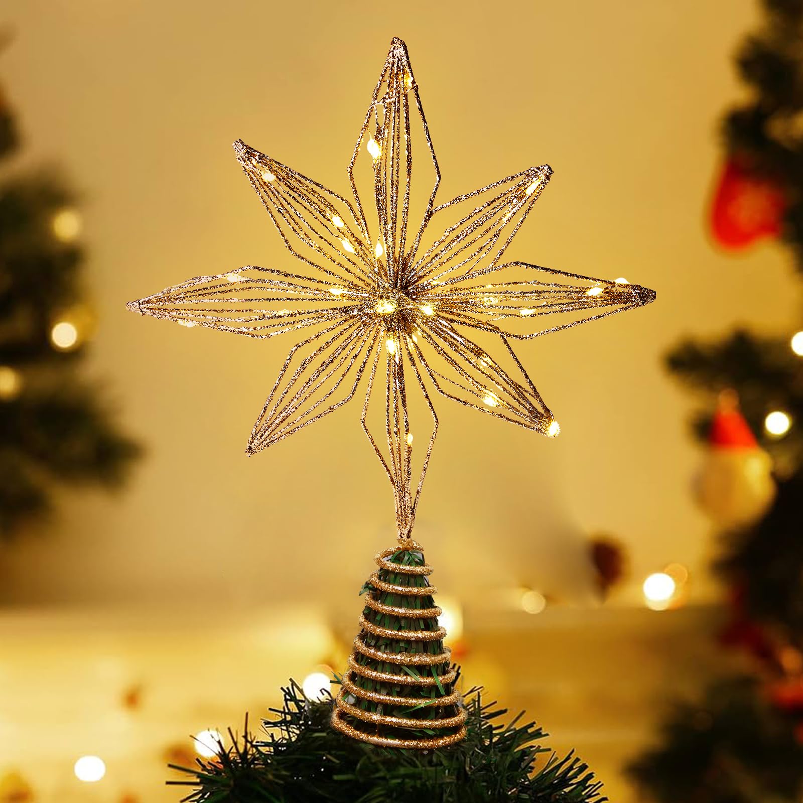 Christmas Tree Topper 10 Golden Glittered Star Tree Topper with 30 LED Lights Xmas Tree Topper Star for Xmas Decorations Ornamen
