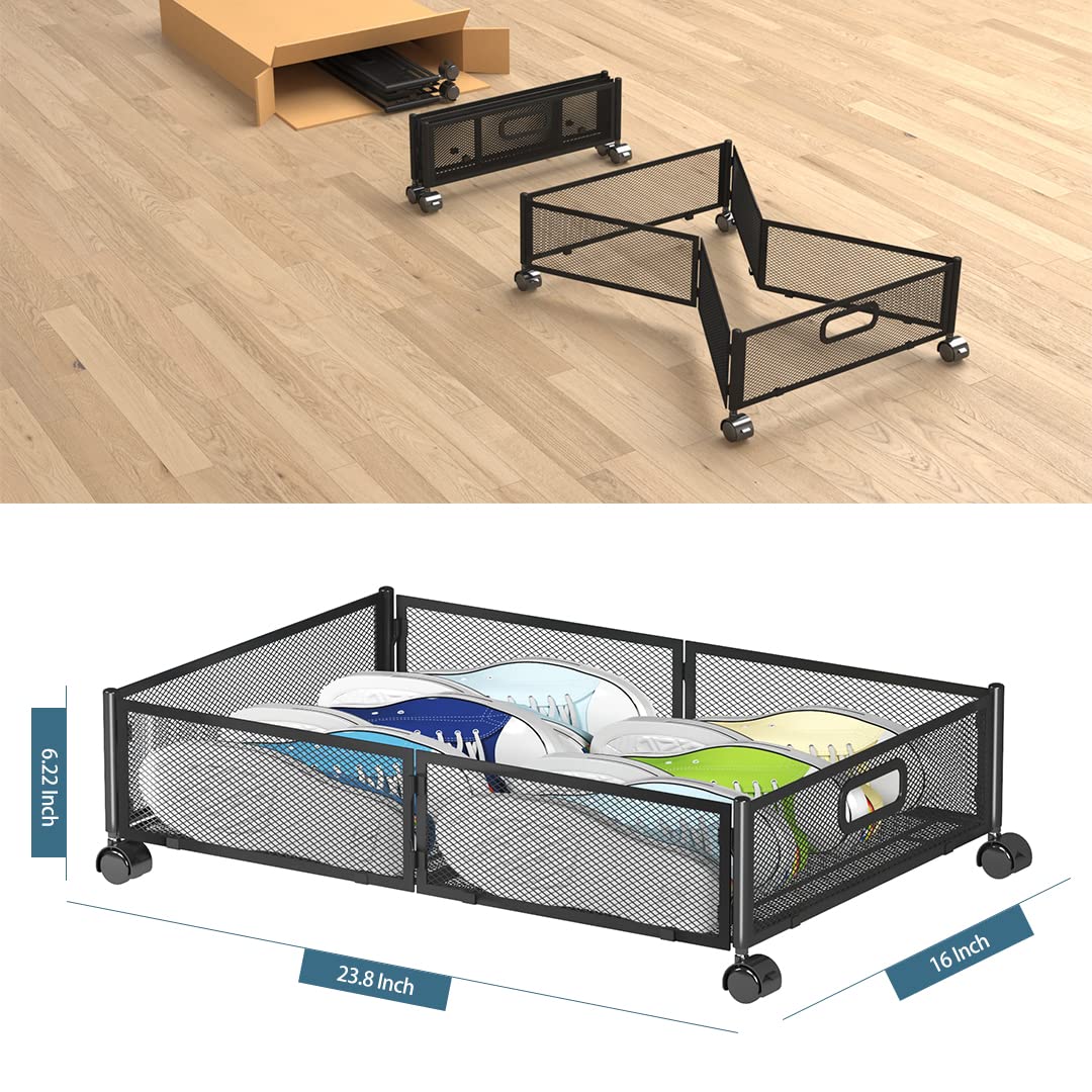 Under Bed Storage Containers, Under Bed Shoe Storage With Wheels, Foldable Bedroom Storage Organization with Handles, Under Bed