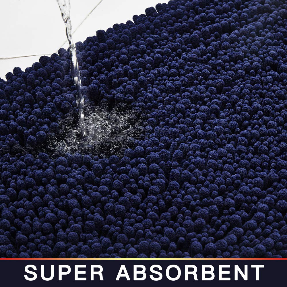 Walensee Bathroom Rug Non Slip Bath Mat (24x17 Inch Navy) Water Absorbent Super Soft Shaggy Chenille Machine Washable Dry Extra Thick Perfect Absorbant Best Small Plush Carpet for Shower Floor