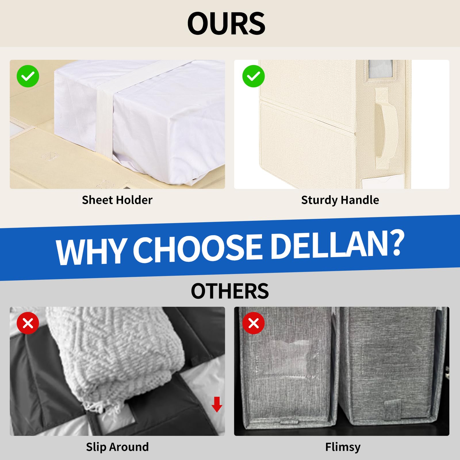 DELLAN Bed Sheet Organizer, Linen Closet Organizers and Storage, Foldable Cube Sheet Set Organizer (4 Pack Beige)