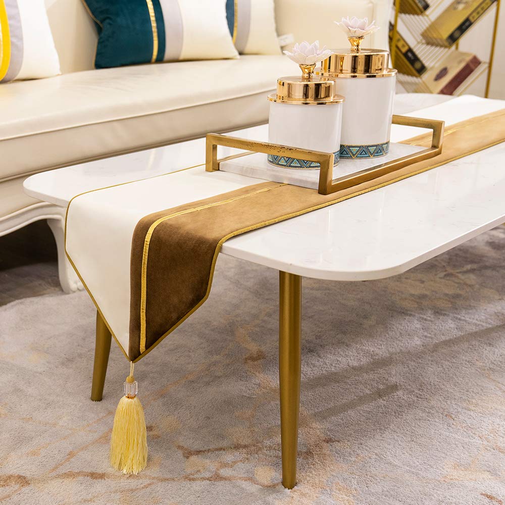 Avigers 12 X 78 Inch Decorative Luxury Brown White Gold Leather Striped Patchwork Velvet Table Runners With Tassels For Home Liv