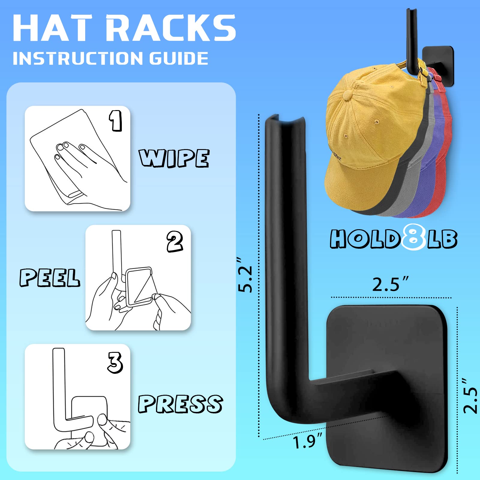 Hat Rack For Wall Hat Organizer (4-Pack), Adhesive Hat Hooks For Wall, No Drilling Hat Hangers For Closet Cowboy Hat Holder Disp