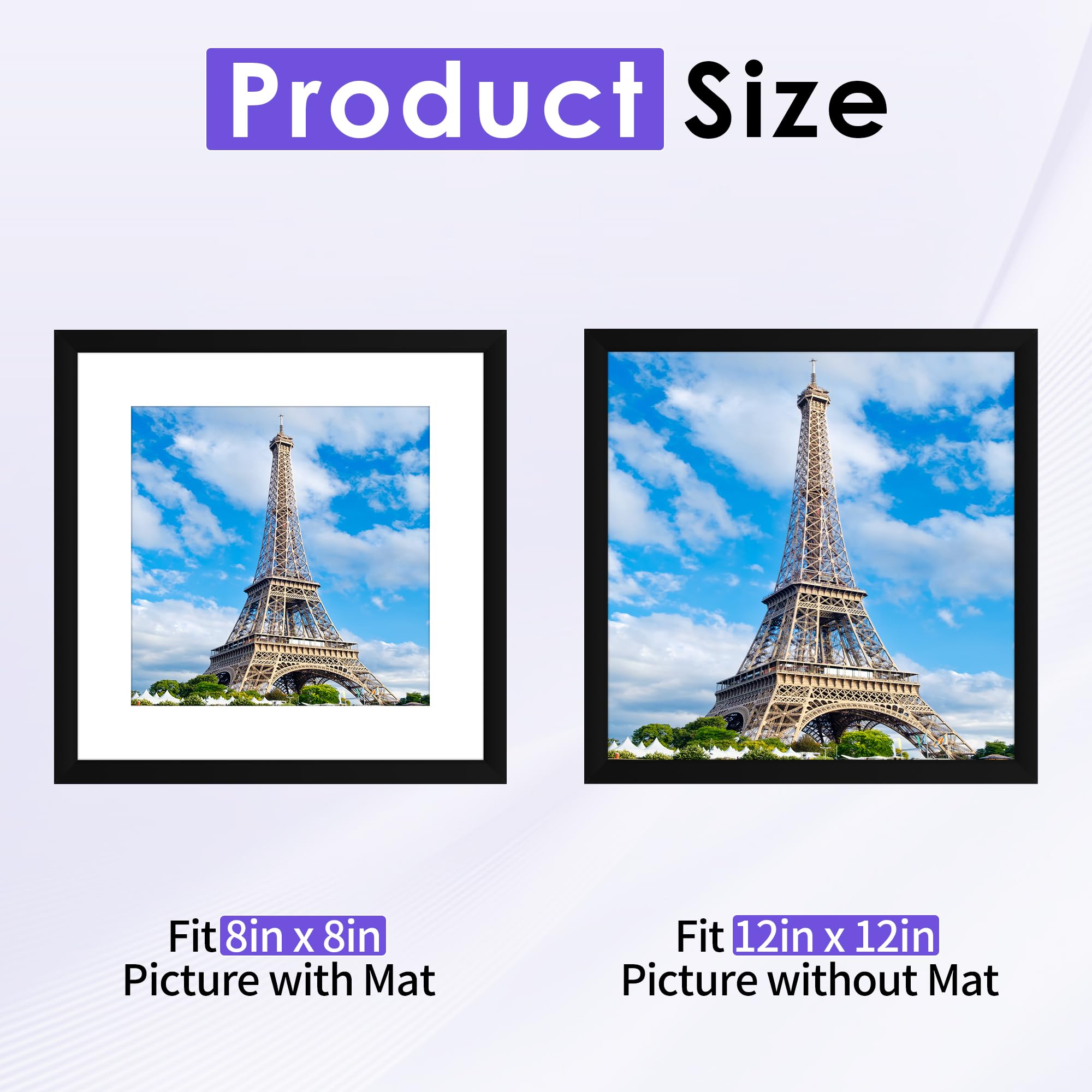 NEXCOVER 12x12 Frame Matted to 8x8 Picture Frames, Black 2PK Square Picture Frame for Horizontal and Vertical Wall Hanging, Ligh
