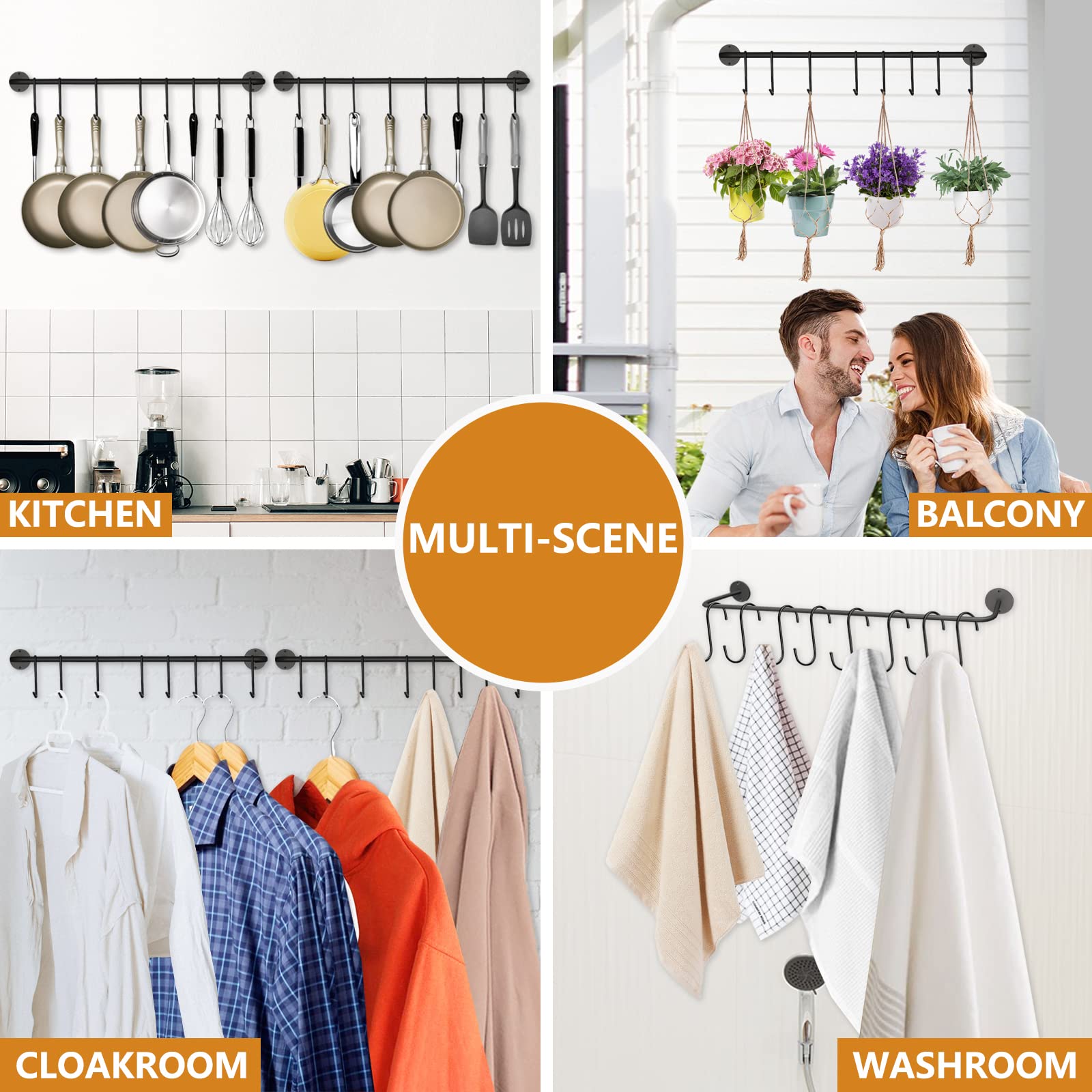 Black Steel-Made Kitchen Utensil Rack Organizer Wall-Mounted Pot Pan Wall Hanger Holder For Hanging Rail With 10 S Hooks