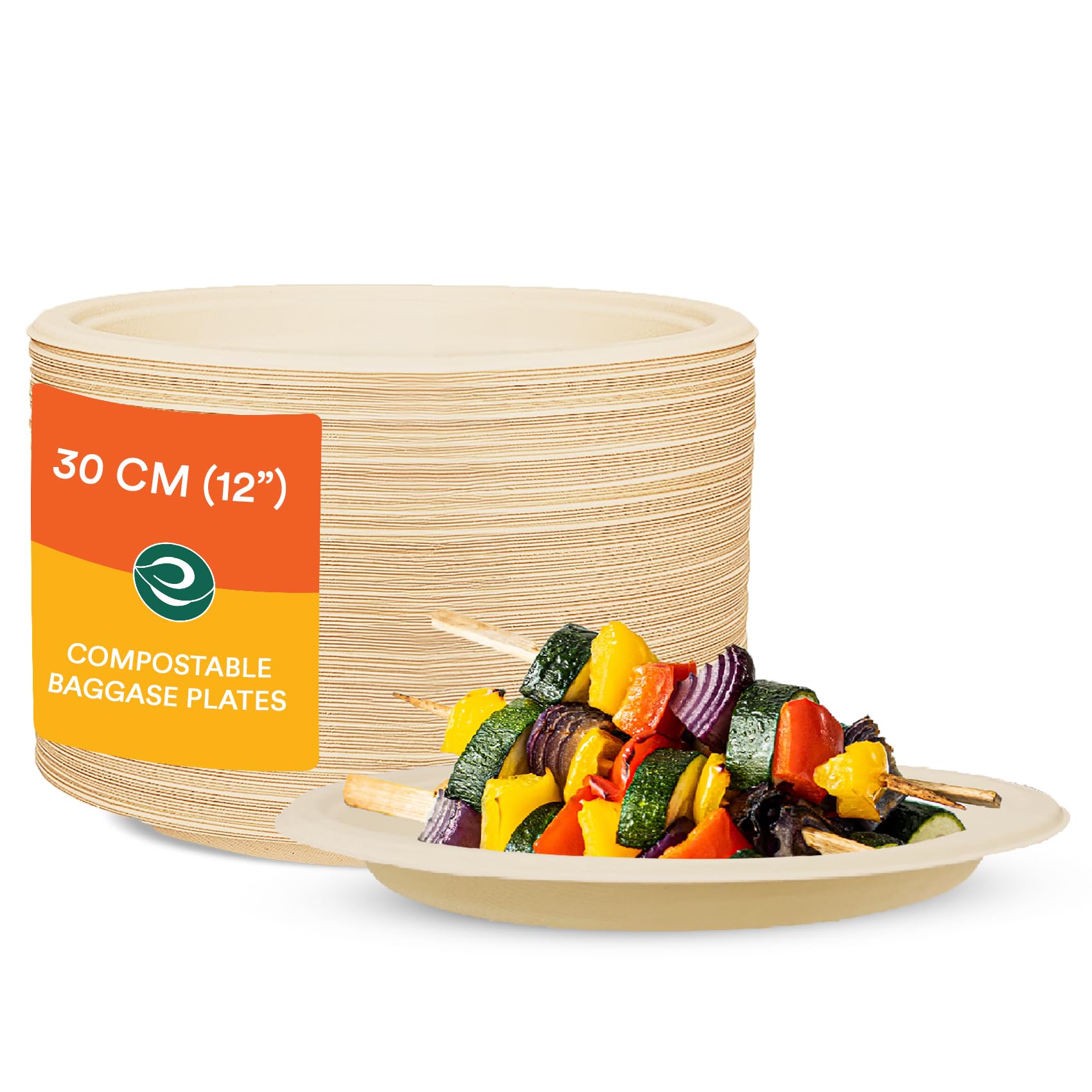 ECO SOUL [12 inch, 50 Pack Disposable Bagasse Plates | EcoFriendly, Biodegradable, Sugarcane Paper Plates | for Serving Snacks 