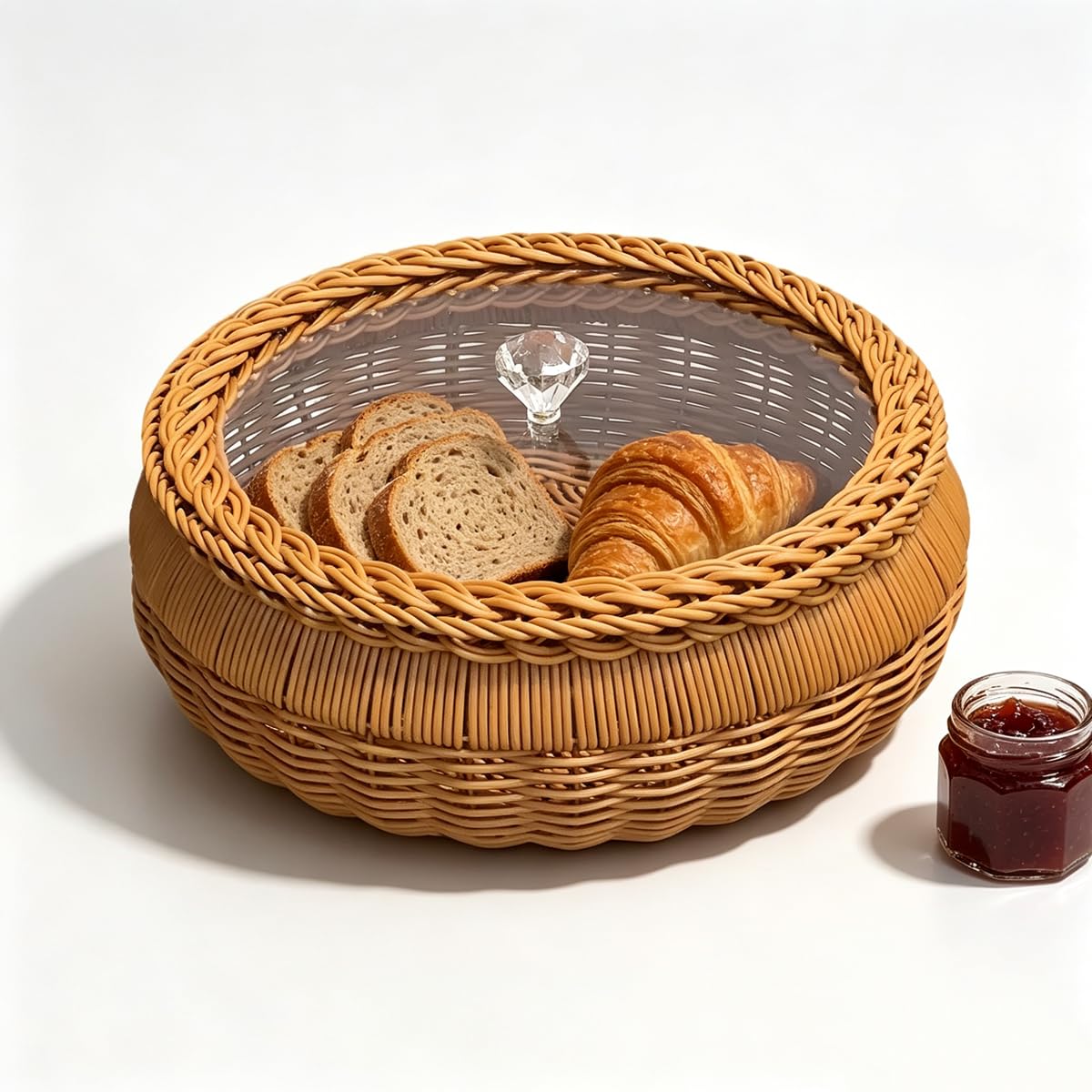 Round Wicker Basket with Clear Lid, 11.81 x 4.33 Inch, Rattan Fruit and Snack Storage Tray with Crystal Knob