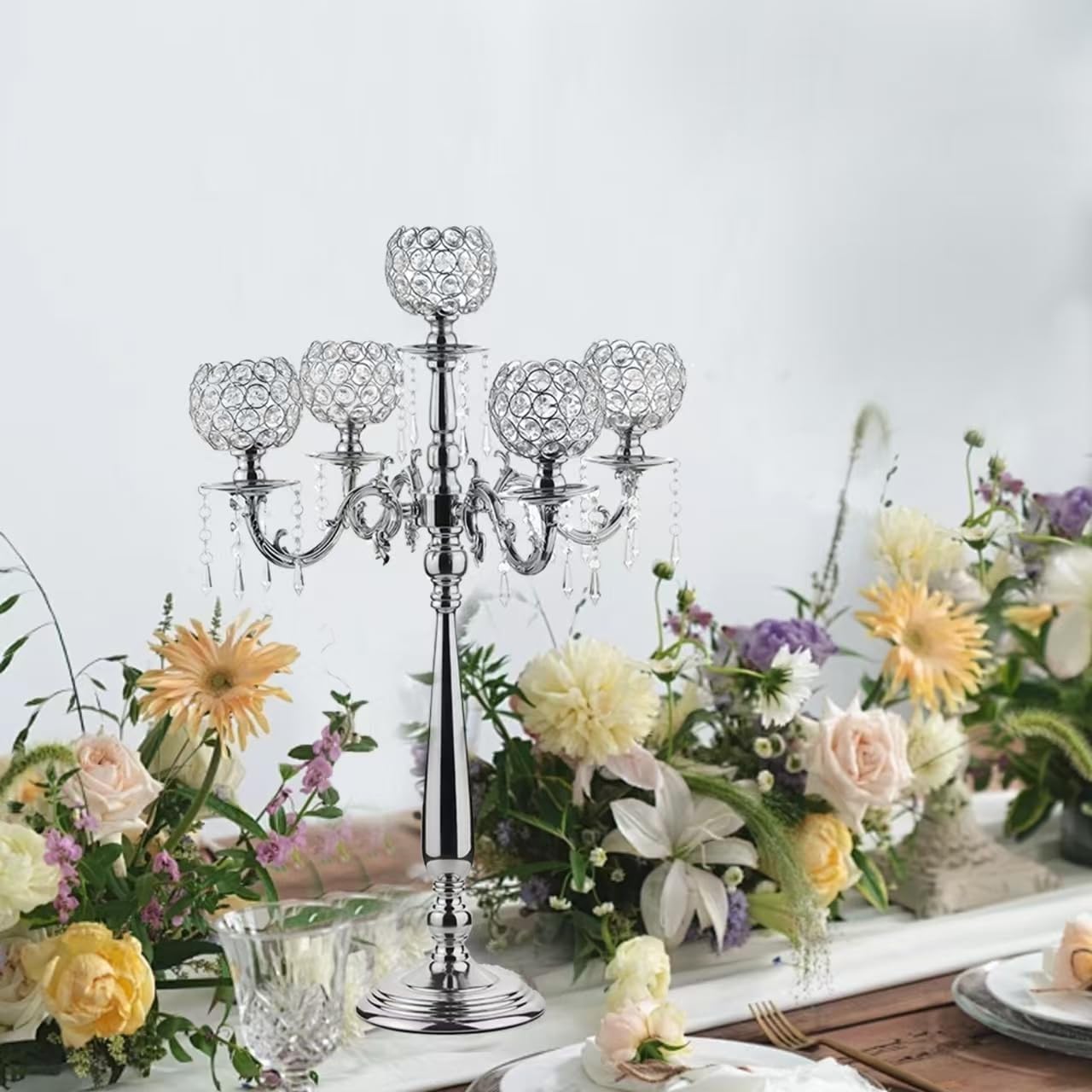 Silver 5 Arm Candelabra Centerpieces for Tables,Crystal Candle Holder Hollow Engraved Party Table Centerpiece for Weddings,Chris