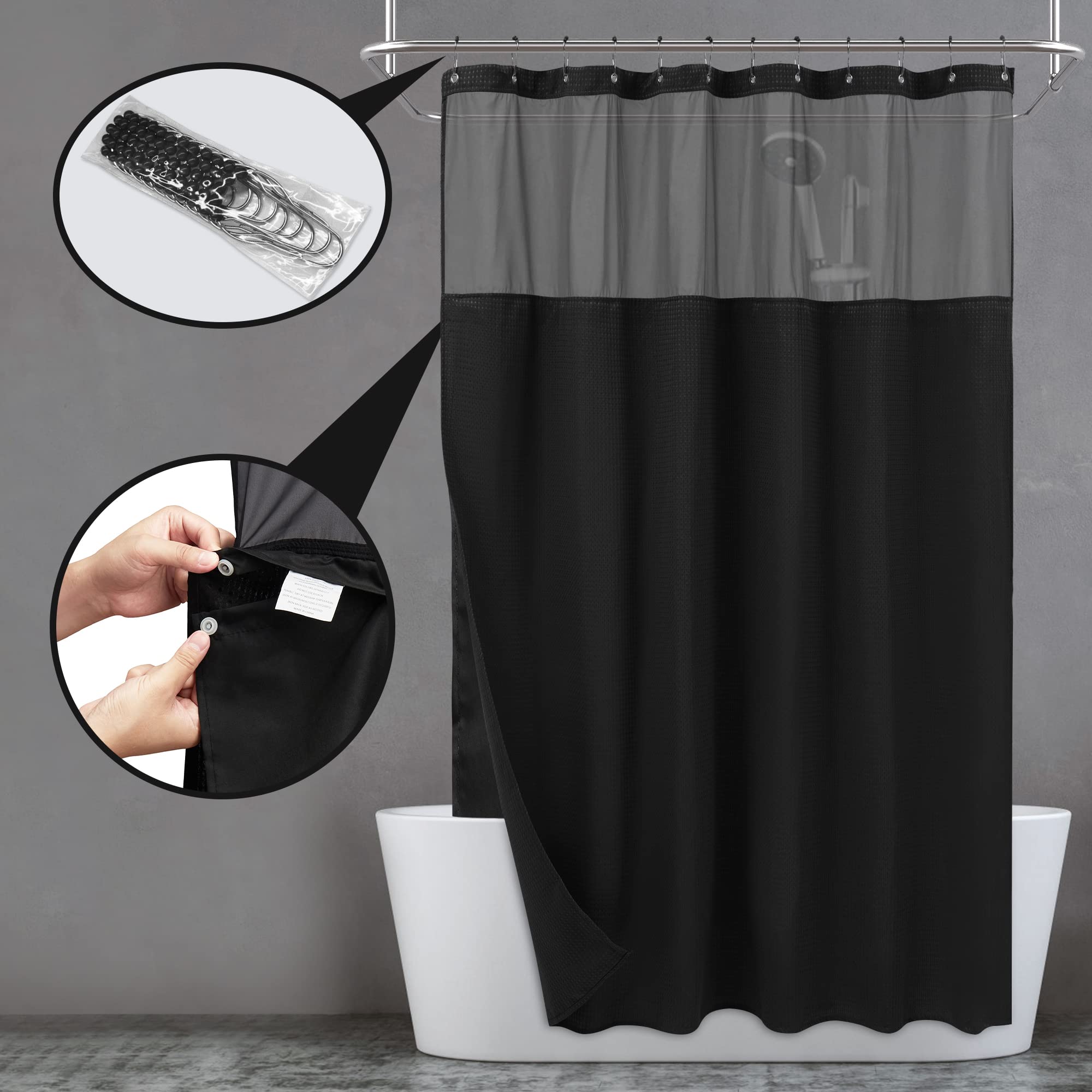 N&Y Home Extra Long Waffle Weave Shower Curtain With Snap-In Fabric Liner Set, 12 Black Hooks Included - 71'' X 84'', Hotel Styl