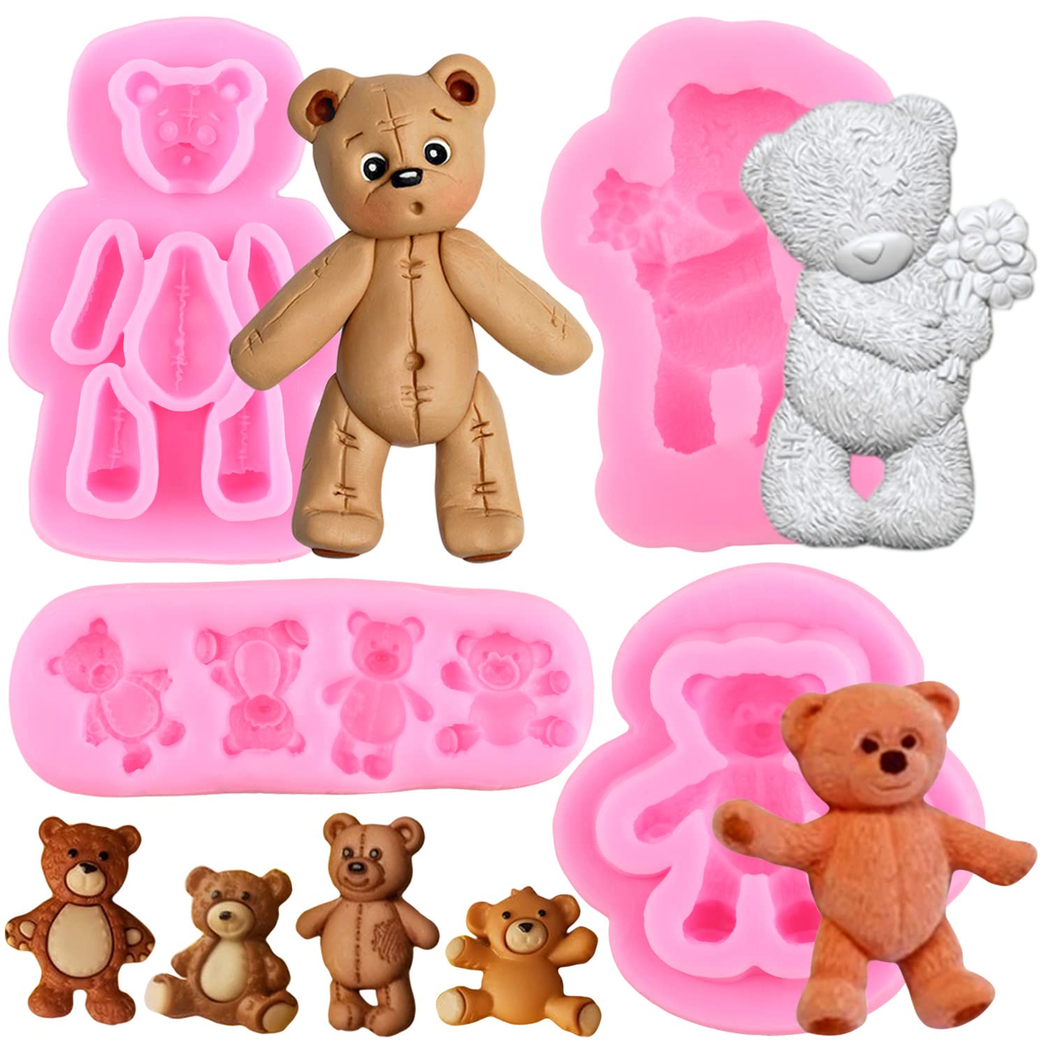 Mypracs Bear Silicone Fondant Molds For Cake Decorating Chocolate Cupcake Topper Candy Polymer Clay Gum Paste Set Of 4
