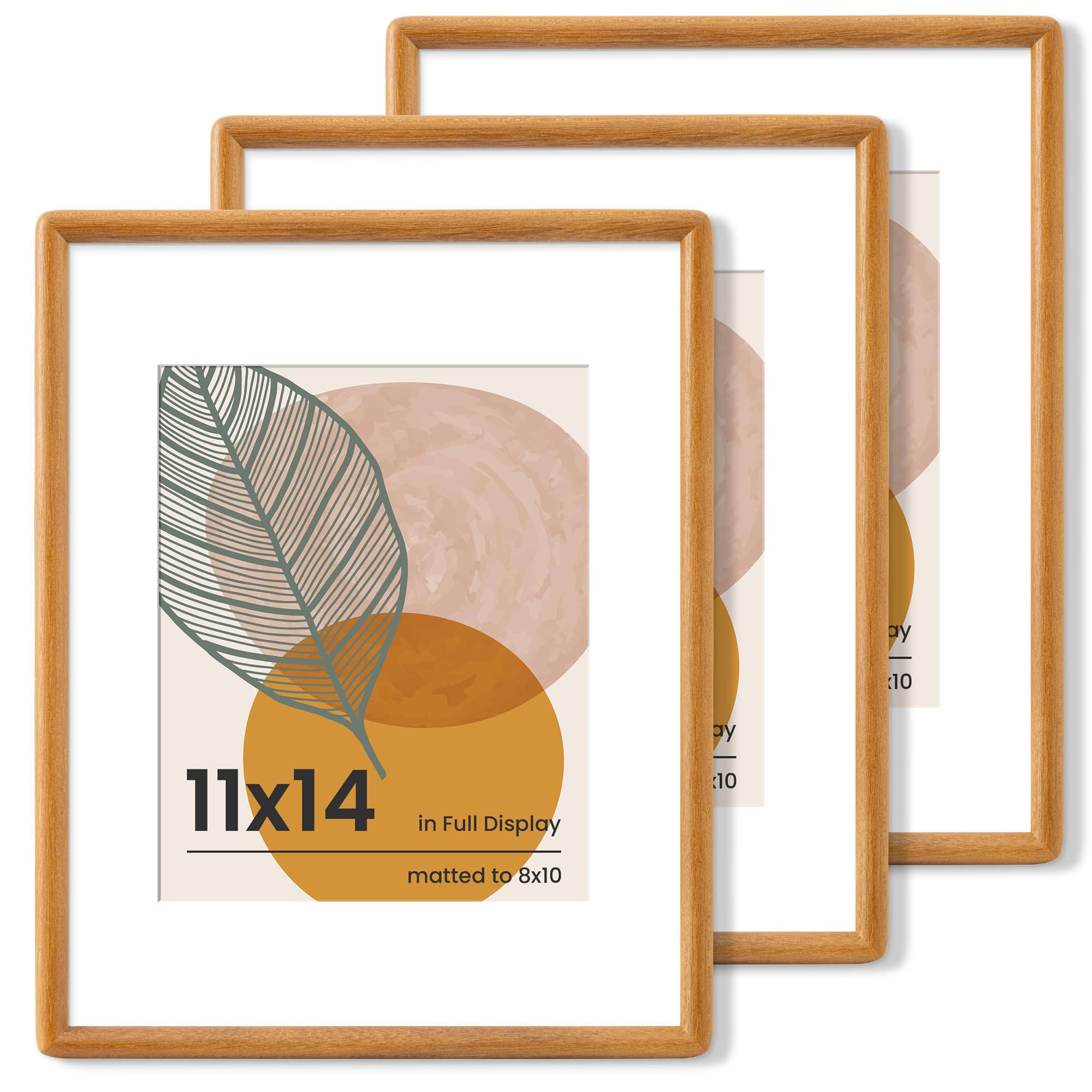 Axeman 11x14 Picture Frame Set of 3 - Solid Teak Wood 11x14 Frame With Mat for 8x10 - Rounded Corner 11 x 14 Picture Frame with 