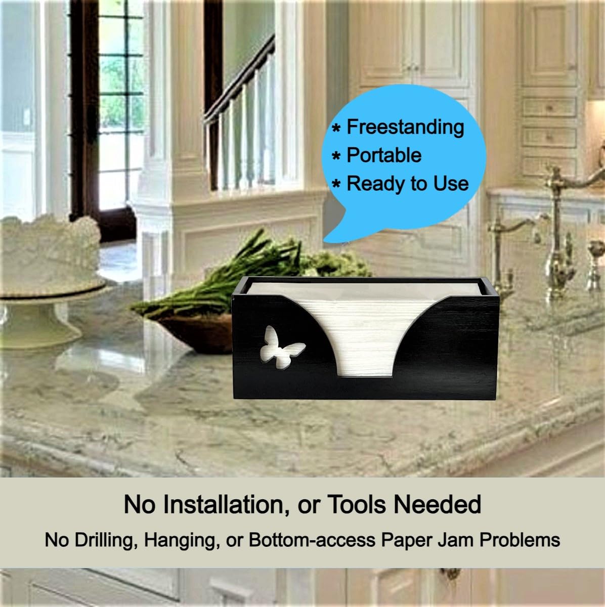 Countertop Paper Towel Dispenser With Engraved Butterfly In Black Bamboo - Compatible With C Fold, Multifold, Trifold & Z Fold H