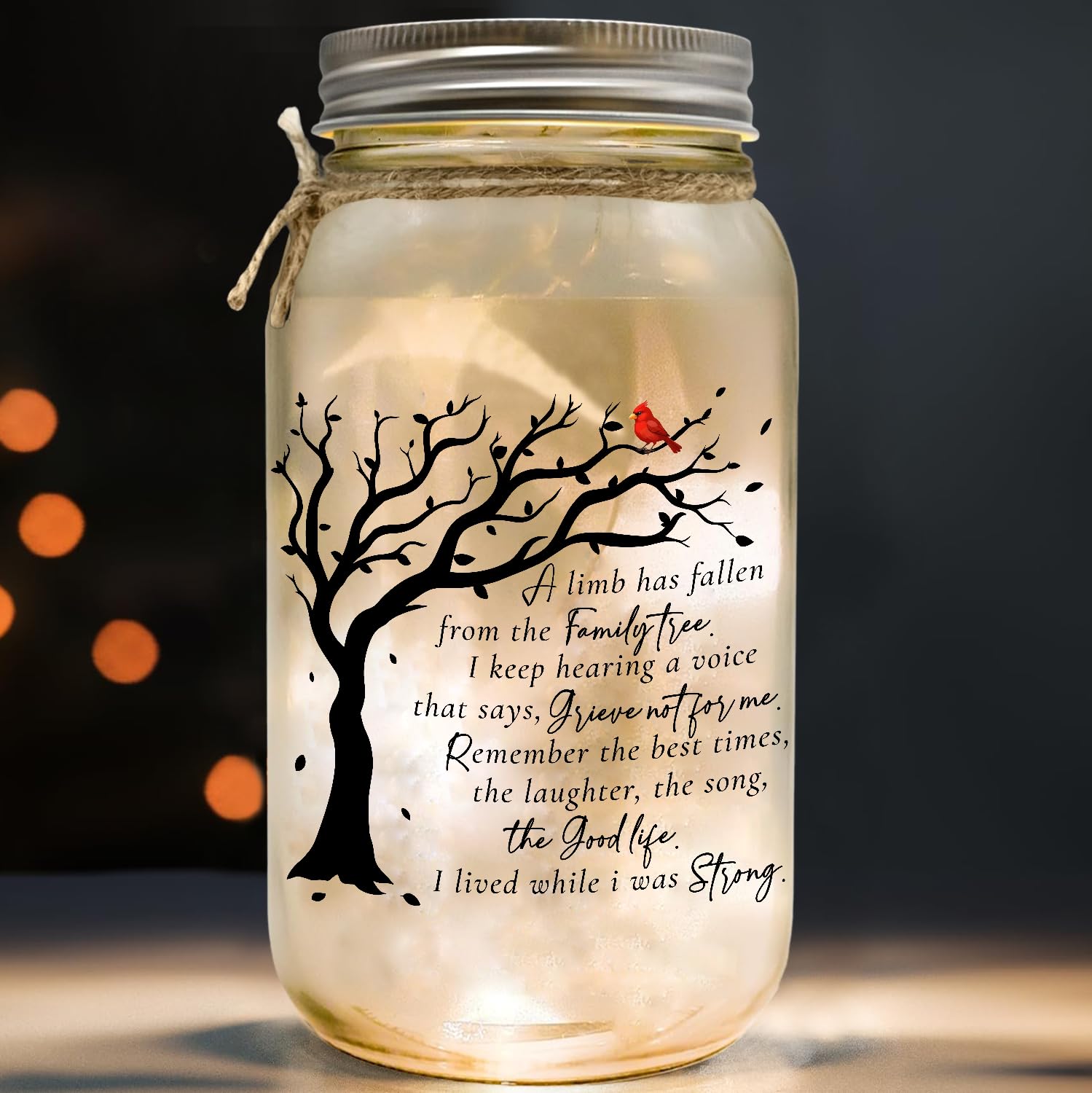 Memorial Gifts Mason Jar Light Large, Red Cardinal - Memory Gifts for Loss Loved Ones, A Limb Has Fallen From Our Family Tree, S