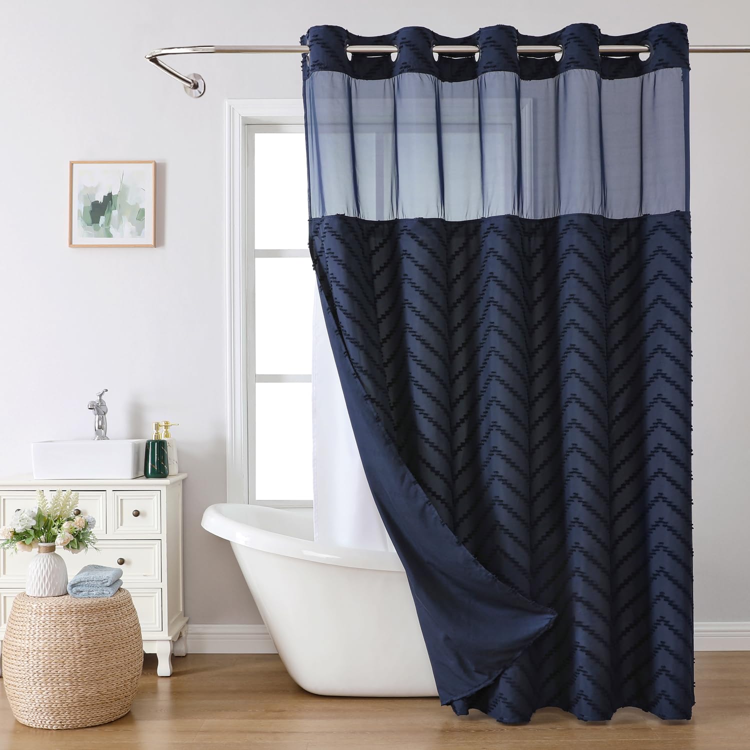 Eachope Long No Hook Tufted Chevron Striped Shower Curtain With Snap-In Fabric Liner Set-71Wx80H(78H),Navy Blue Hotel Grade Boho