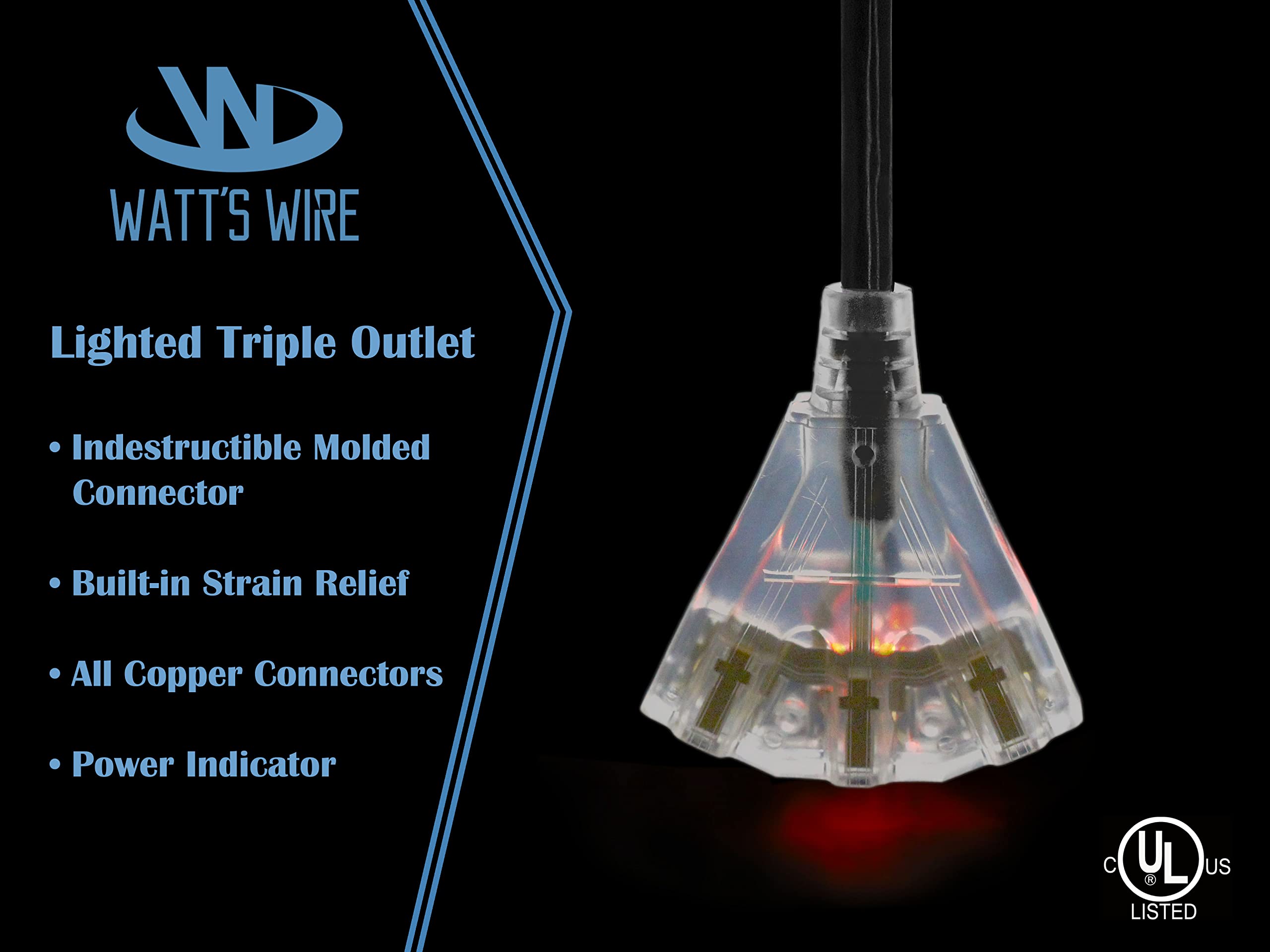 15 Ft - 12 Gauge Heavy Duty Outdoor Extension Cord - 3-Outlet Lighted Sjtw - Black Heavy Duty Extension Cord By Watts Wire - 15