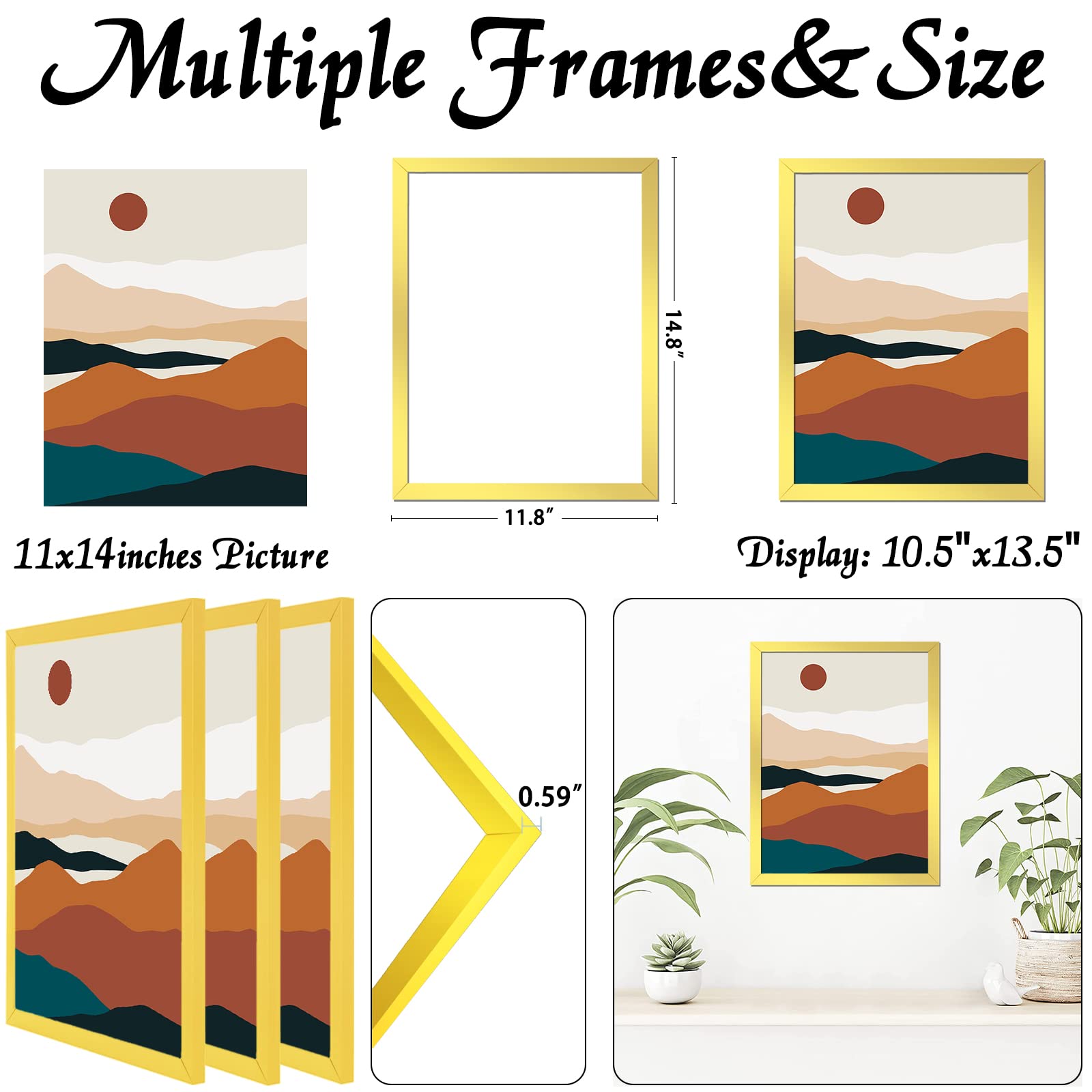 ijuerybai Gold 11x14 Picture Frame Set of 3, High Transparent Frame for 11 By 14 Photo Collage Canvas Poster Size Wall Mount and