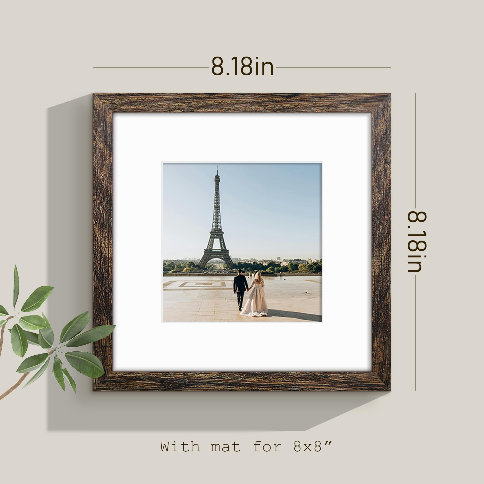Fisnish 8x8 Picture Frame Sef of 10, Display Pictures 5x5 with Mat or 8 x 8 Without Mat, Brown Photo Frame Collage for Wall Gall