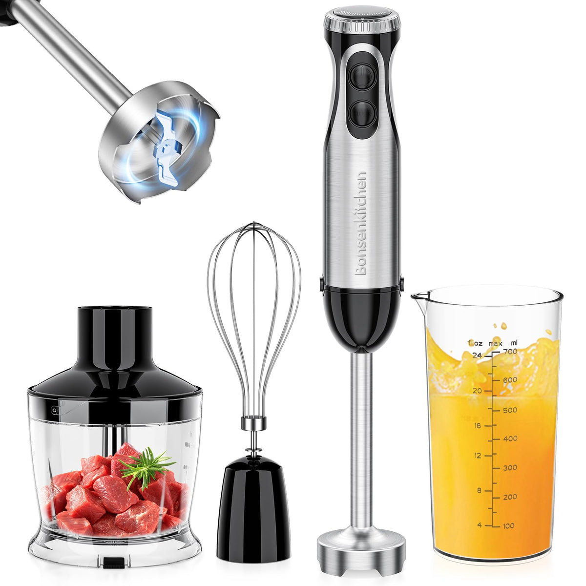 Bonsenkitchen Immersion Blender, 20 Variable Speeds & Turbo, 4-In-1 Stainless Steel Handheld Blender Stick Mixer With Egg Whisk,