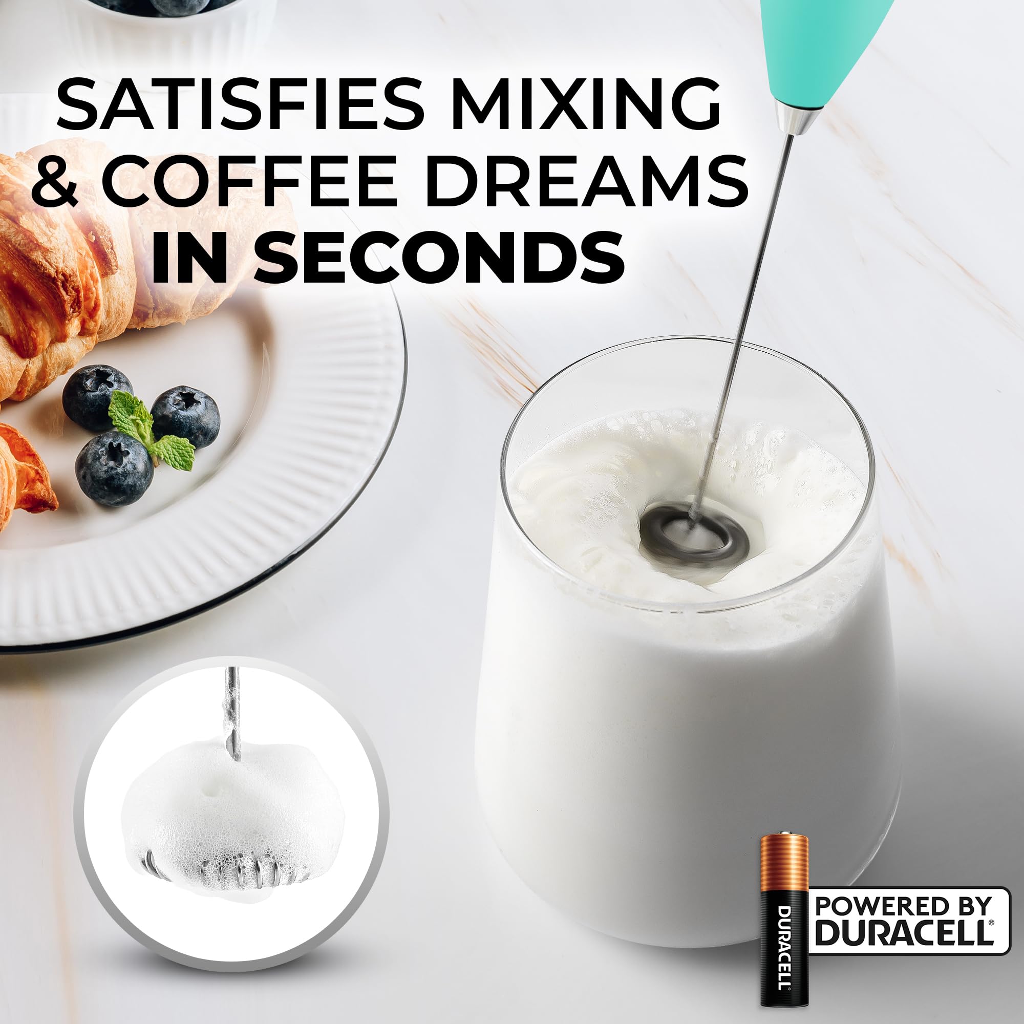 Zulay Kitchen Handheld Milk Frother with Duracell AA Batteries - Ultra Fast Electric Mixer & Foam Maker, Easy-Clean Drink Mixer