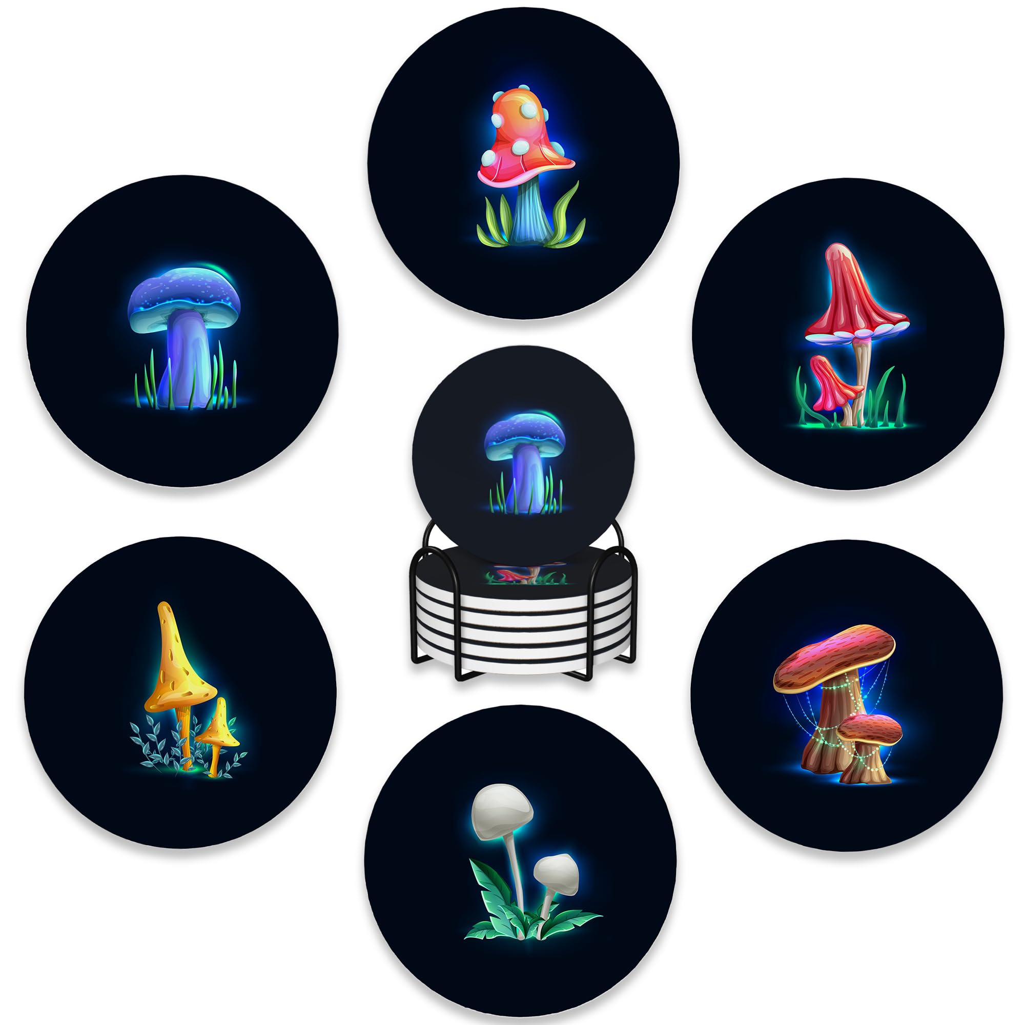 6 Pcs Coasters For Drinks With Holder,Magical Glowing Mushrooms Absorbent Coaster With Cork Backing,Great Gift For Housewarming,