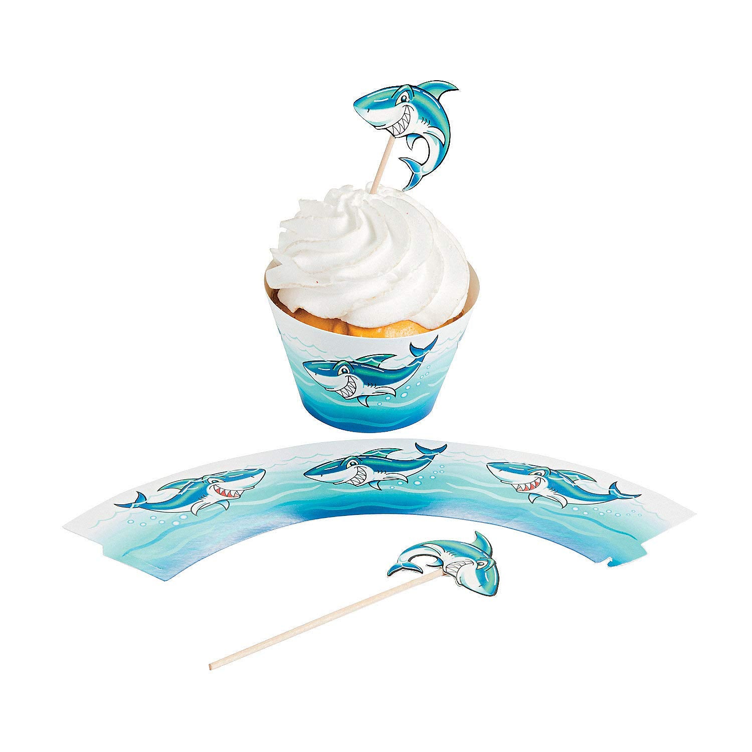 Fun Express - Jawsome Cupcake Collars W/Picks (100) For Birthday - Party Supplies - Serveware & Barware - Picks & Stirrers & Par