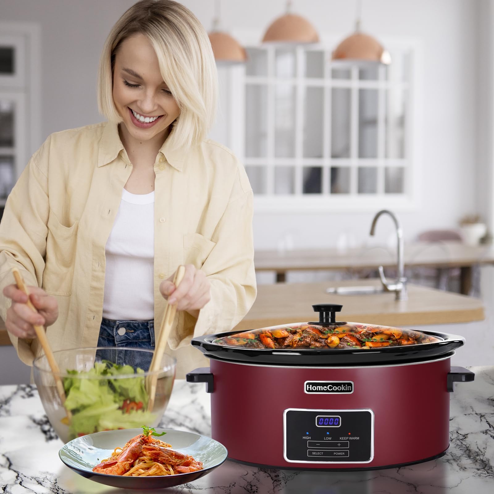 HOMECOOKIN 6 Quart Programmable Slow Cooker, Kitchen Appliances, Perfect Kitchen Small Appliance for Family Dinners, Red Stainle