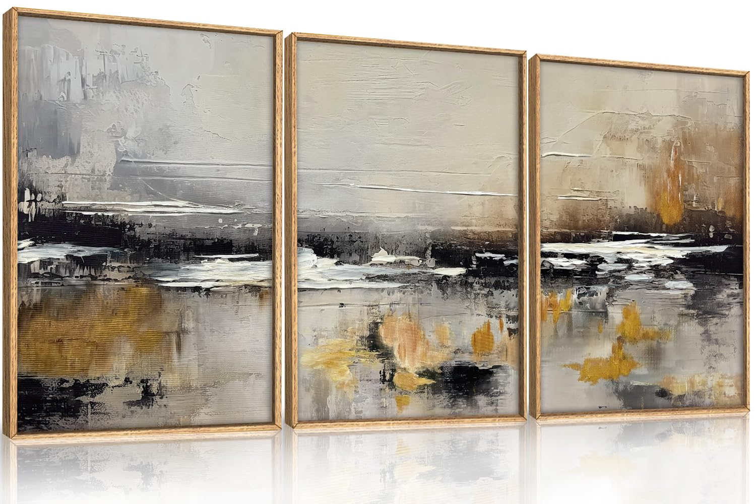 HOURIA Large Neutral Abstract Canvas Framed Wall Art Set,Modern Brown Wall Decor,Minimalist Black Beige Wall Painting,Dark Paste
