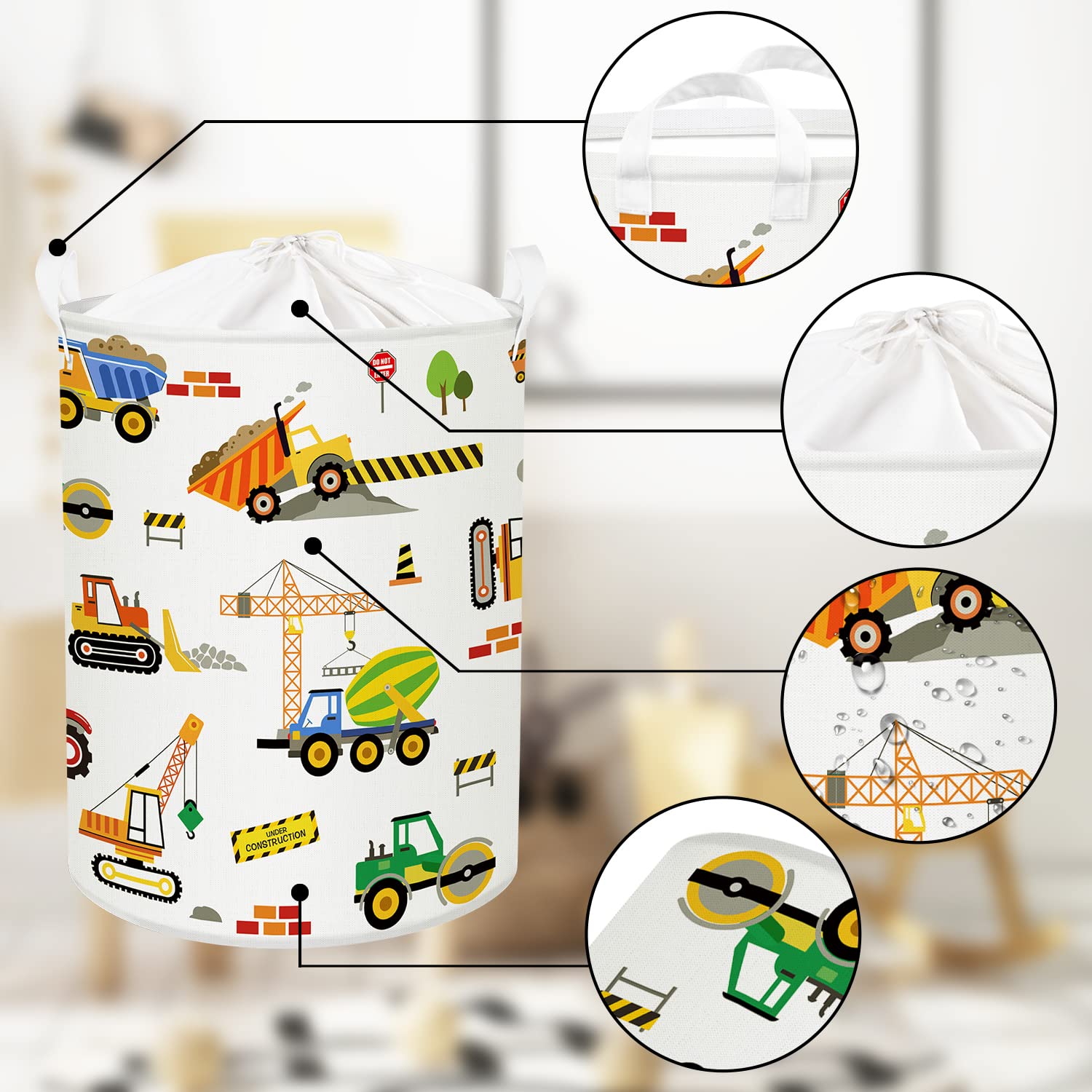 Clastyle 45L Cartoon Construction Vehicles Waterproof Laundry Hamper Collapsible Excavators Truck Laundry Basket With Drawstring
