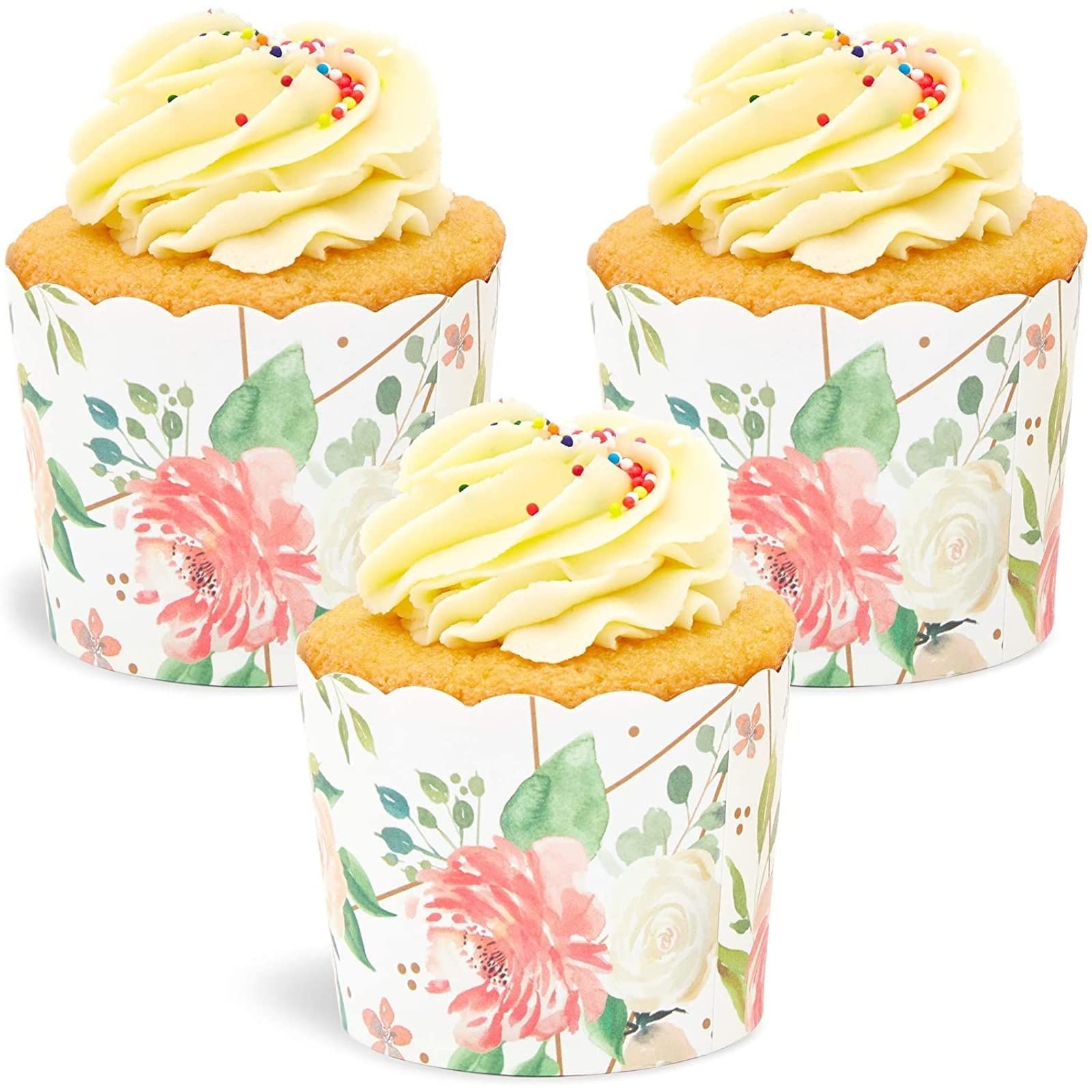 50 Pack Floral Cupcake Wrappers For Wedding, Watercolor Flower Paper Baking Cups And Muffin Liners For Garden Tea Parties, Bakin