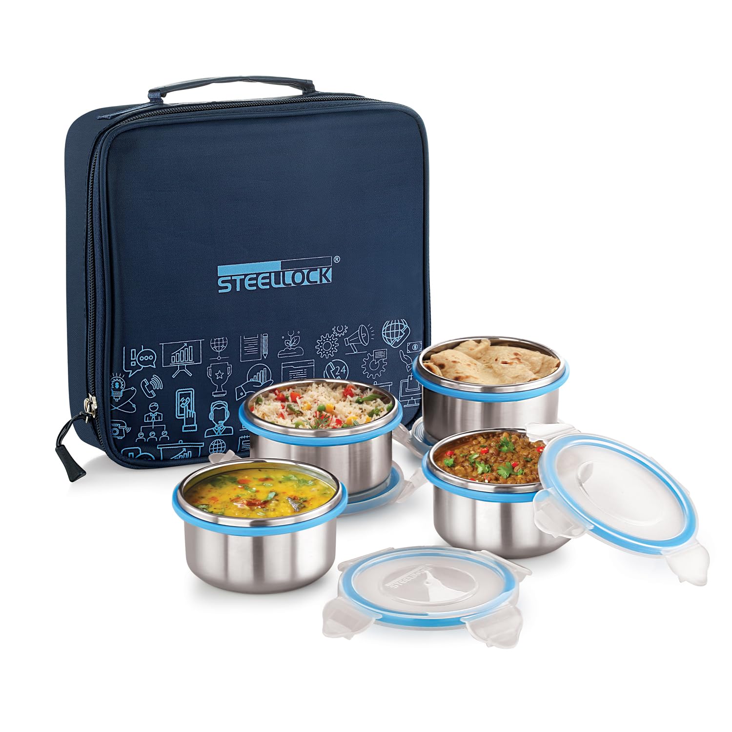 Steellock Lunch Box, Stainless Steel Containers, Leak Proof With Bpa Free Air Tight Lids, Fabric Jacket (280 Ml X 4 Pcs, Hl - 12