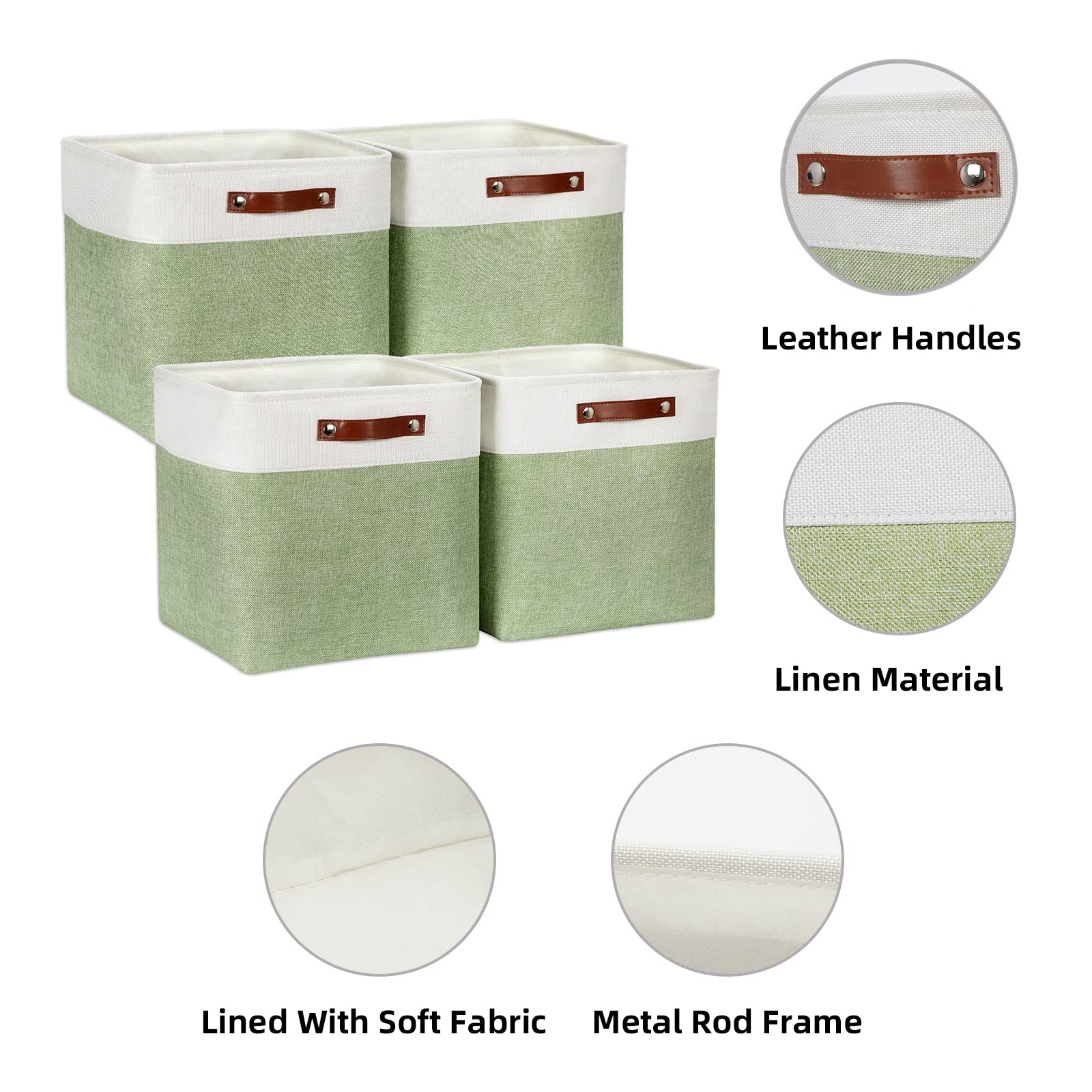 HNZIGE Collapsible Fabric Storage Cubes 13x13x13 Set of 4 Decorative Storage Basket Bin with Handles Storage Cube Basket for Organizing Clothes  Toys  Closet  Nursery(Green White)