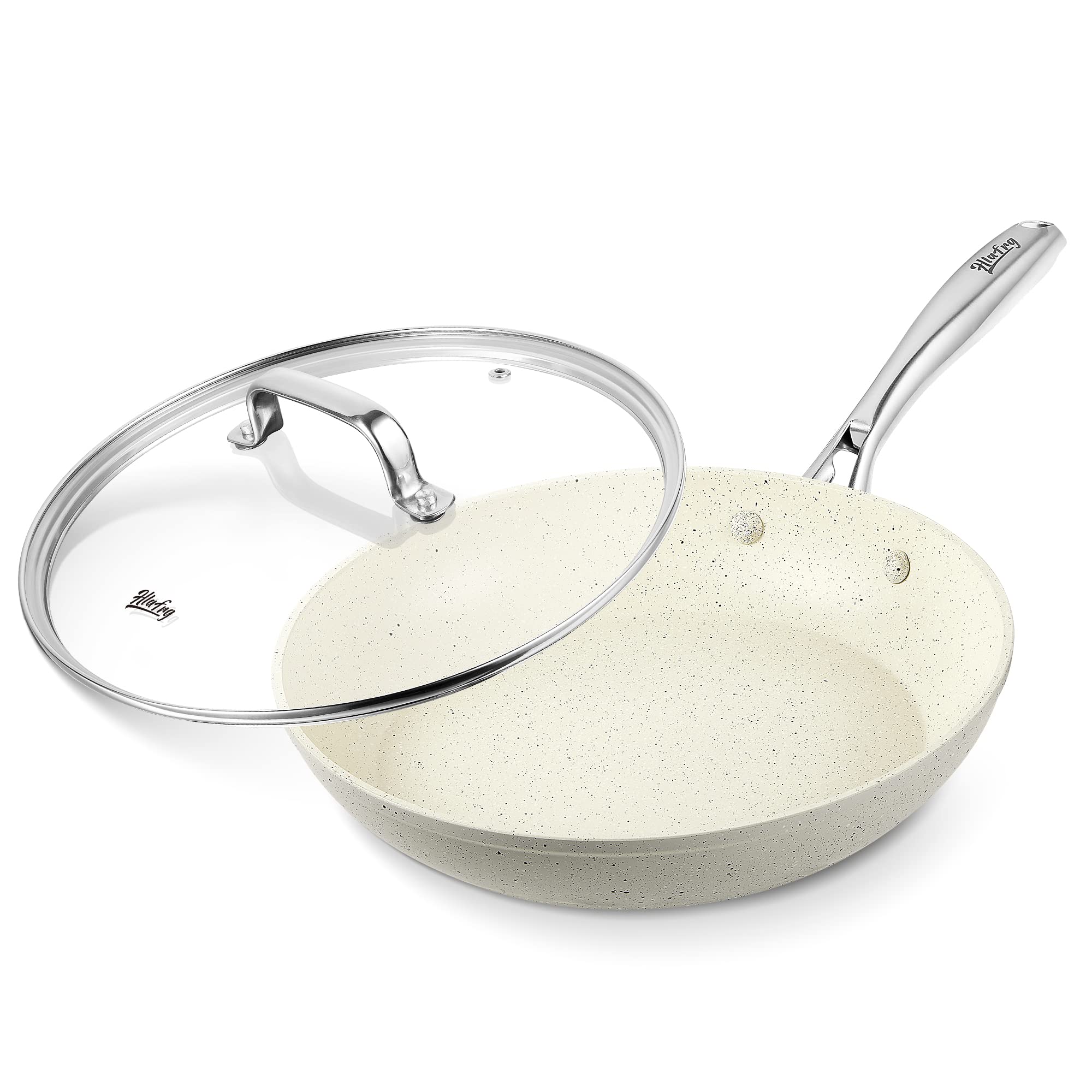 Hlafrg 12 Inch Nonstick Frying Pan With Lid, White Marble Skillet Stone-Derived Coating, Apeo & Pfoa Free, With Heat-Resistant H