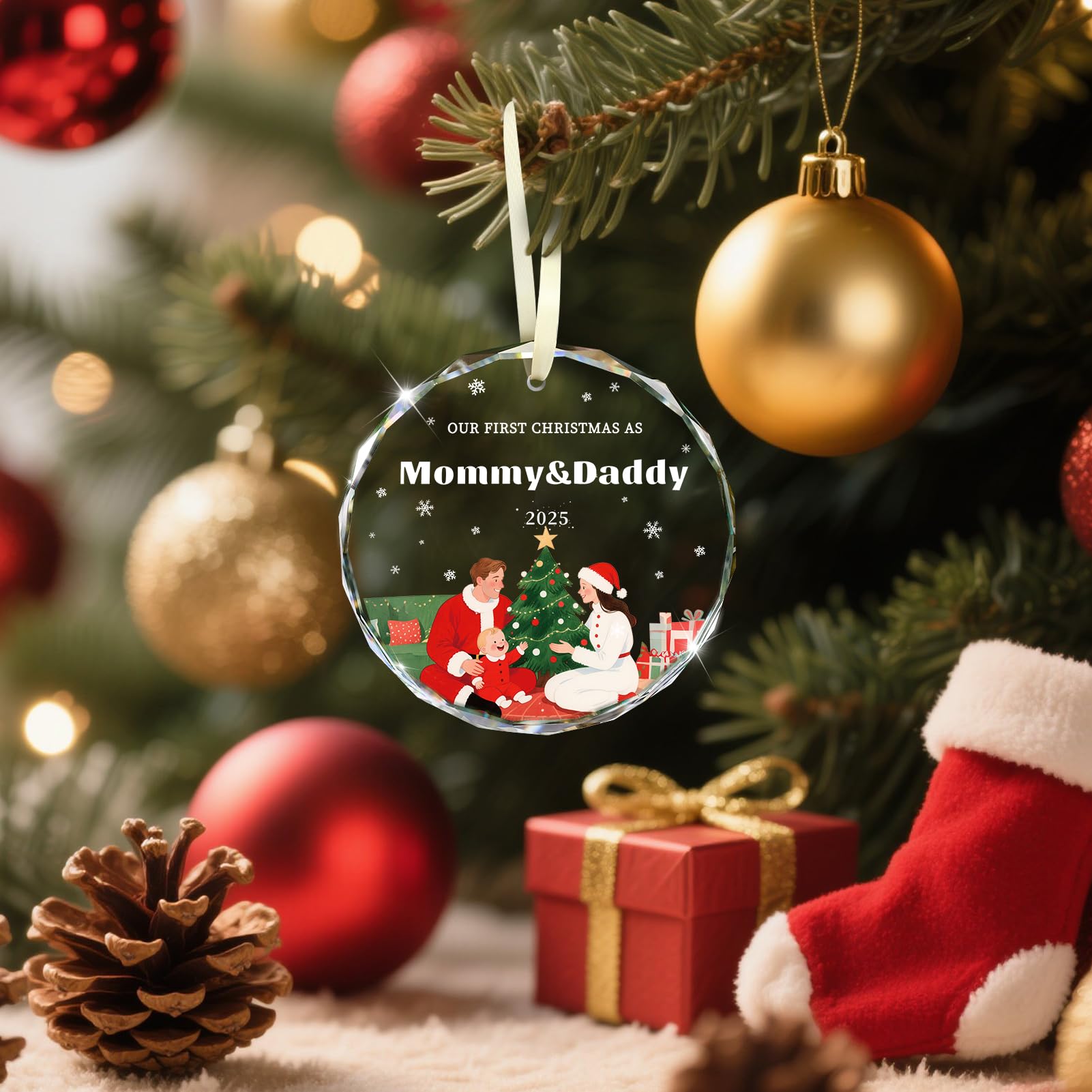Family Christmas Ornaments 2025, Our First Christmas As Mommy and Daddy Ornament Crystal Glass Heartfelt Gift for First Time Mom