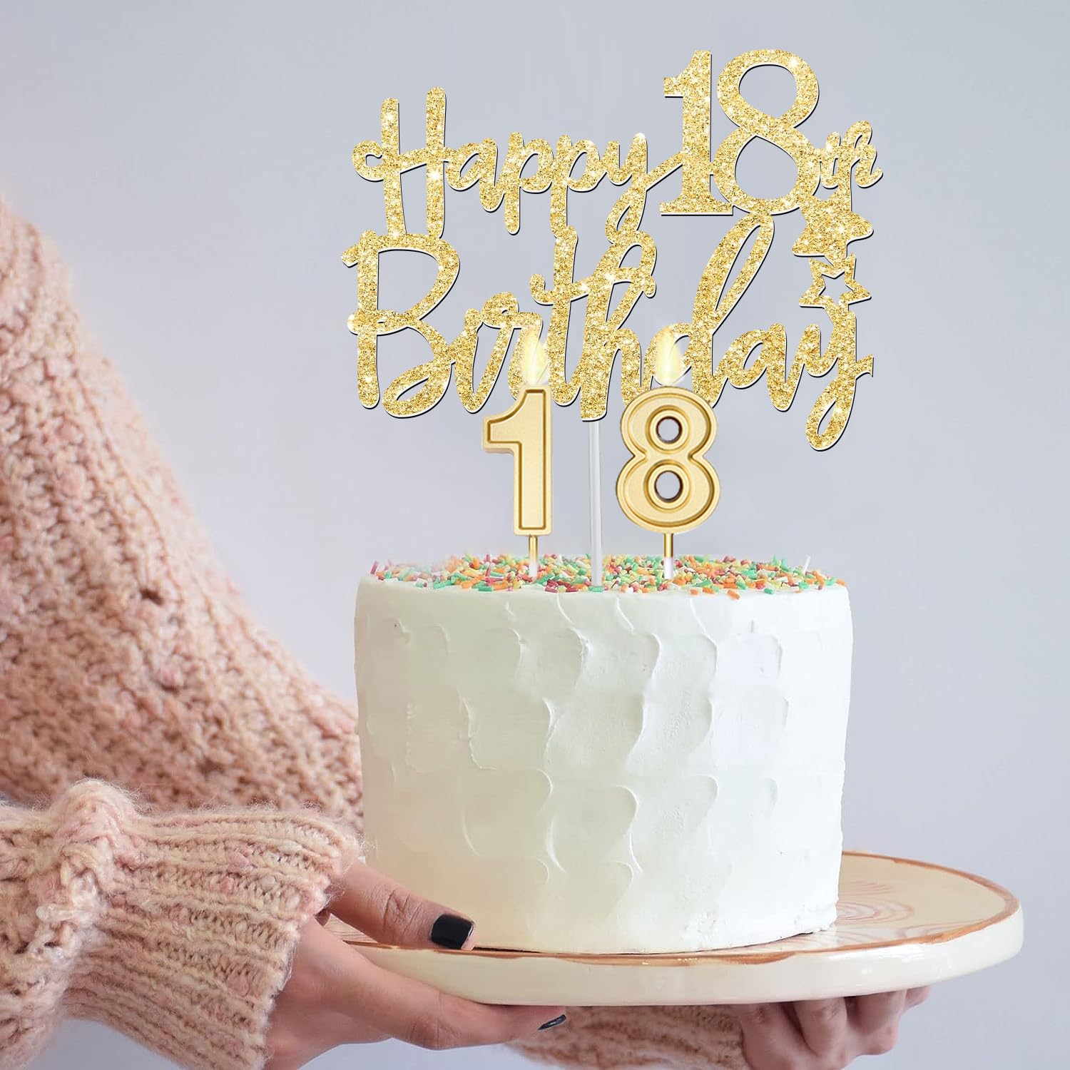 18Th Birthday Decorations For Girls Gold Set With 18Th Birthday Tiara And Sash Gold, 18 Birthday Cake Topper And Number 18 Candl