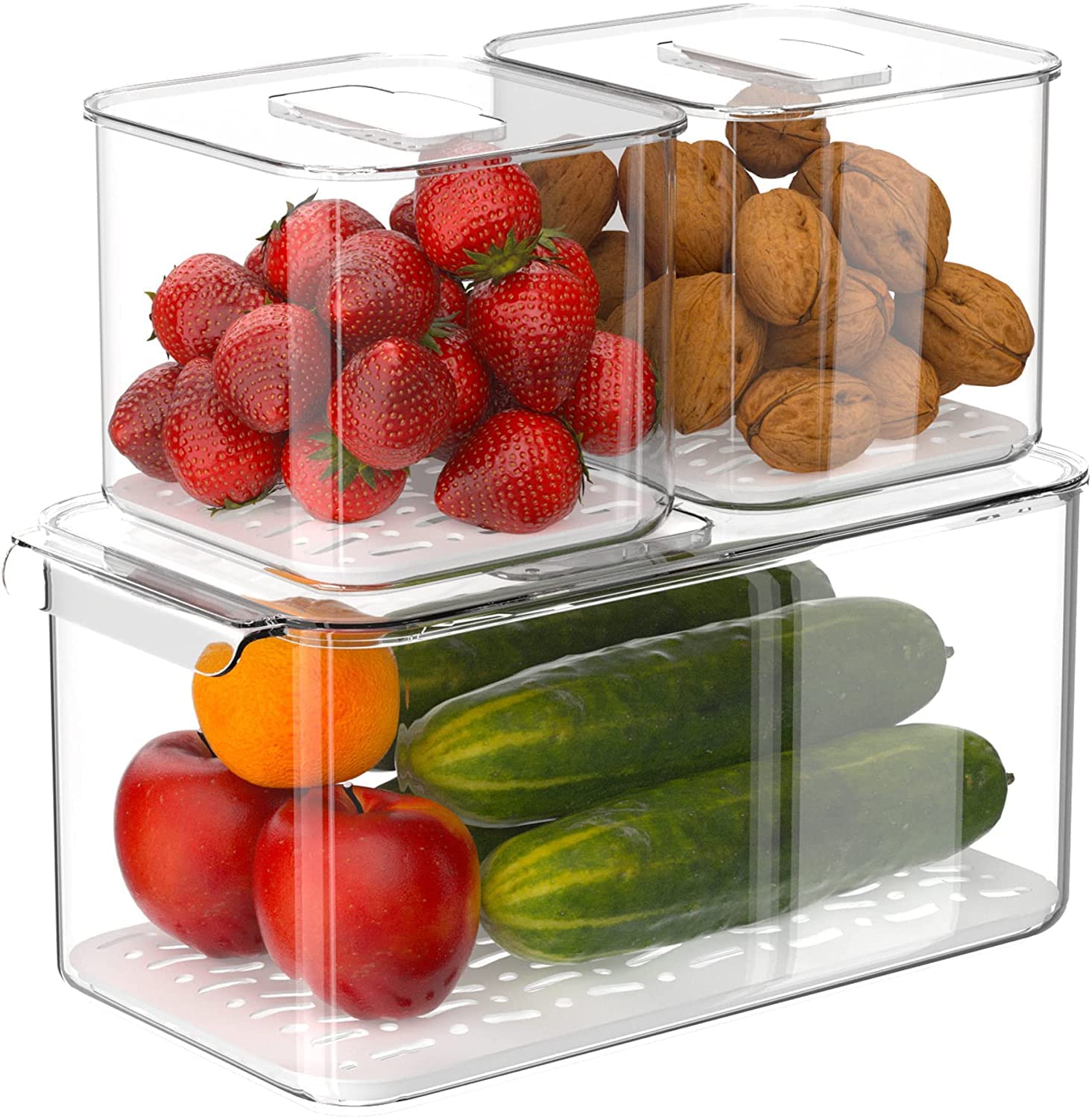 Slideep Food Storage Containers Produce Saver With Lids, Stackable Refrigerator Freezer Organizer Bins With Removable Drain Tray