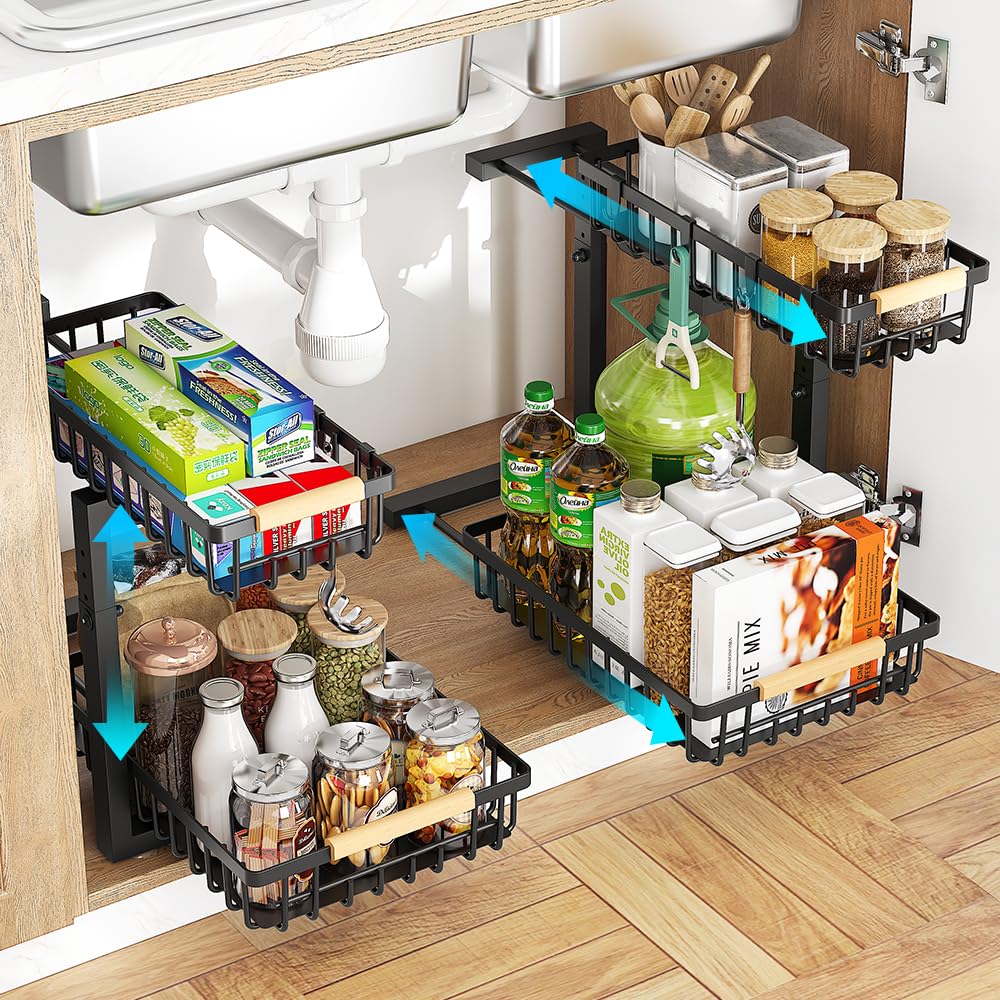 XNREOZLM Under Sink Organizer, 2 Tier Metal Under Sink Organizers and Storage, 2 Pack Height Adjustable Slide out Pull out Cabin