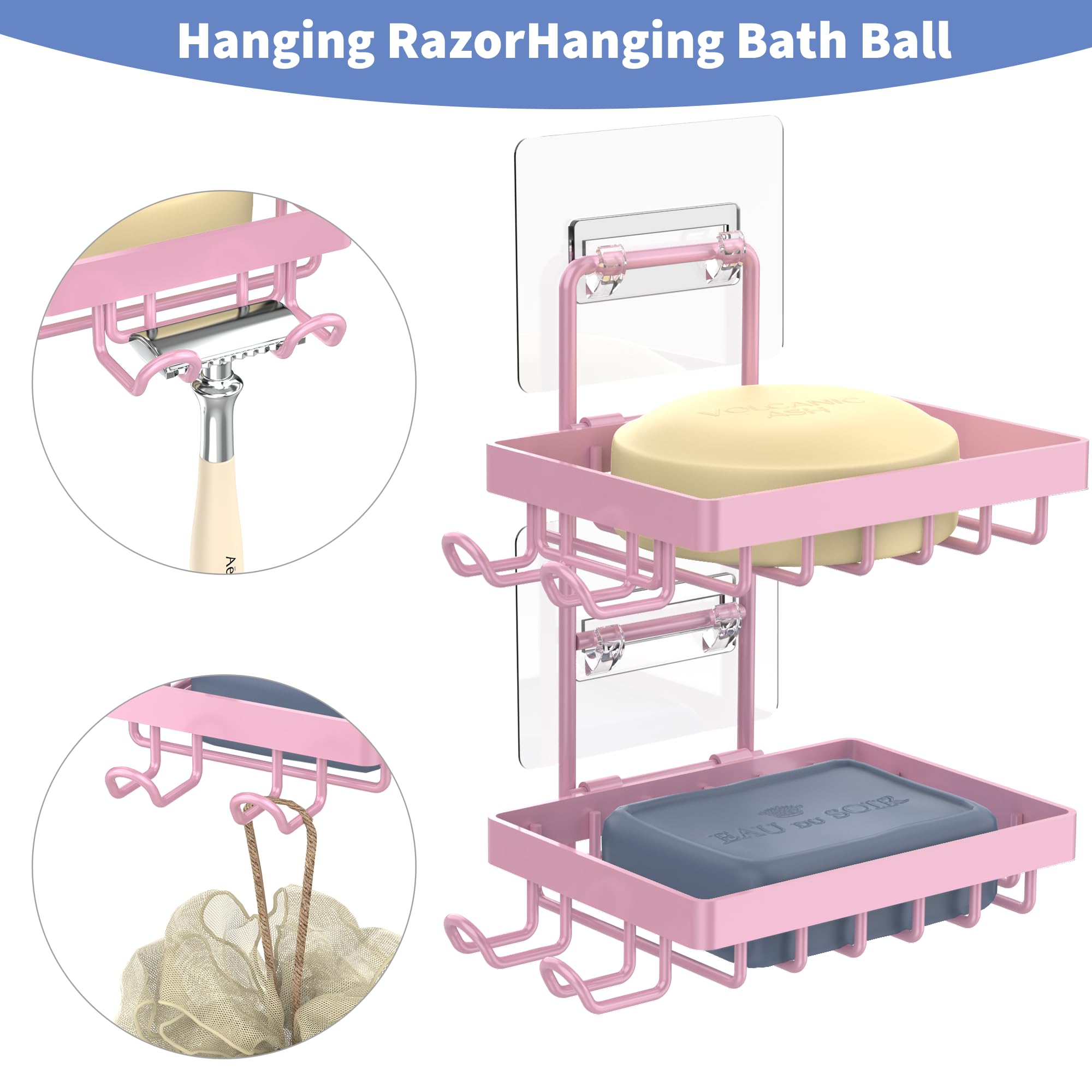 Moforoco Pink Double Soap Bar Holder For Shower, No Drilling, 304 Rustproof Stainless Steel, Wall Mounted Soap Holder With 4 Hoo