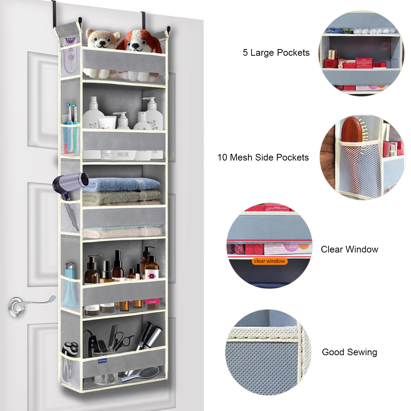 Roomtalk Over The Door Hanging Organizer 5-Shelves And 10 Side Pockets, Over The Door Storage For Bathroom And Bedroom, Back Of