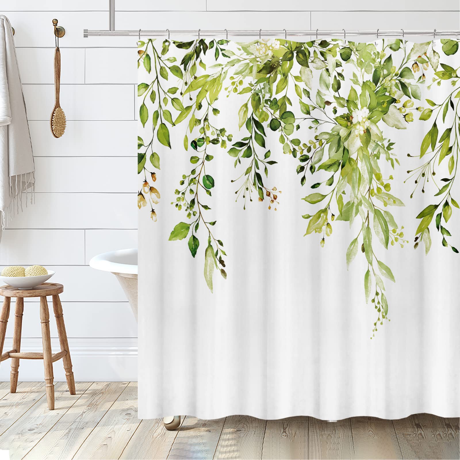 Tititex Fragile Sprout Grass Green Eucalyptus Shower Curtain Sets, Watercolor Leaves On The Top Plant With Floral Bathroom Decor