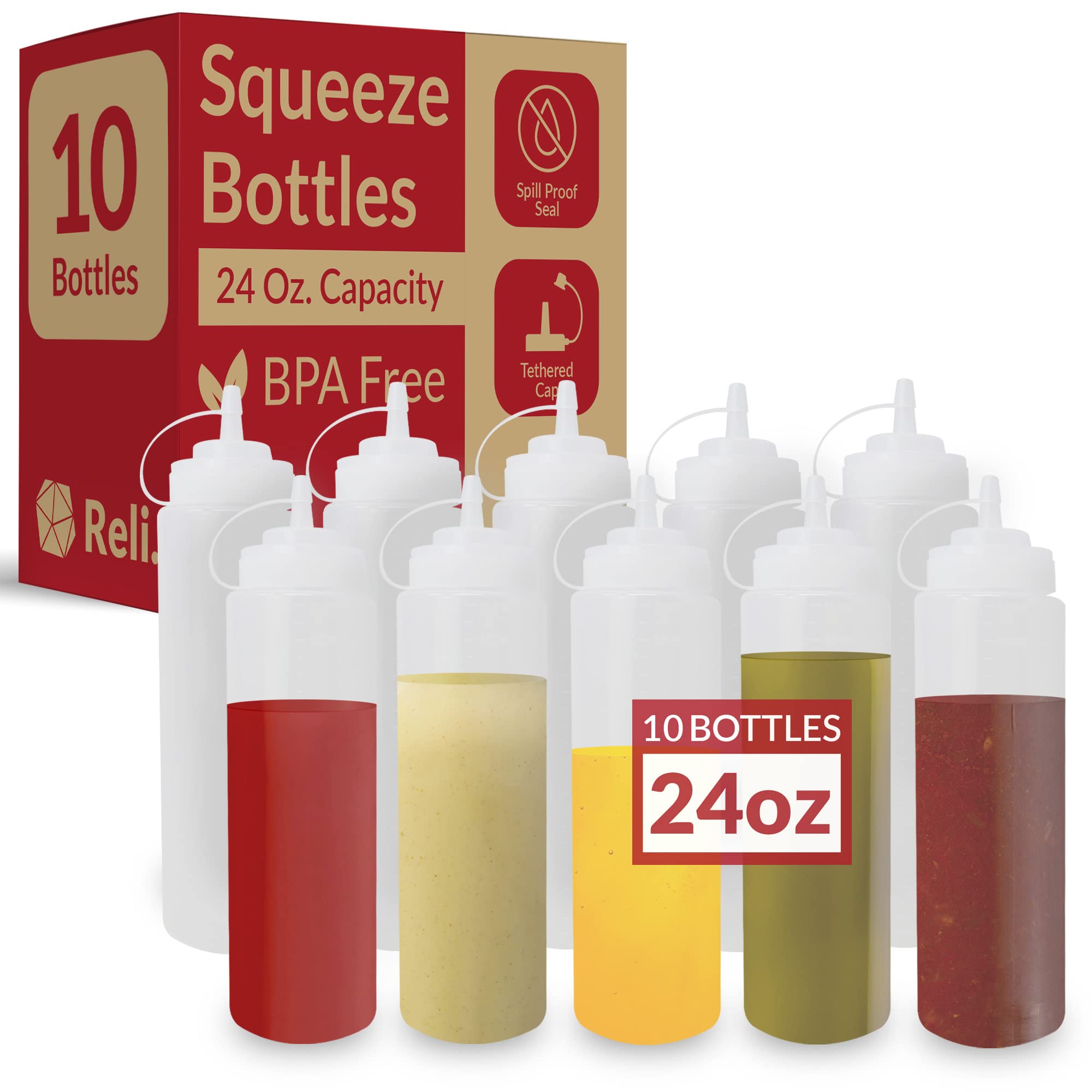 Reli. Plastic Squeeze Bottles, 24 Oz. | 10 Pack | Condiment Squeeze Bottles For Sauces | Clear W/Tethered Caps | 24 Ounce Hot Sa