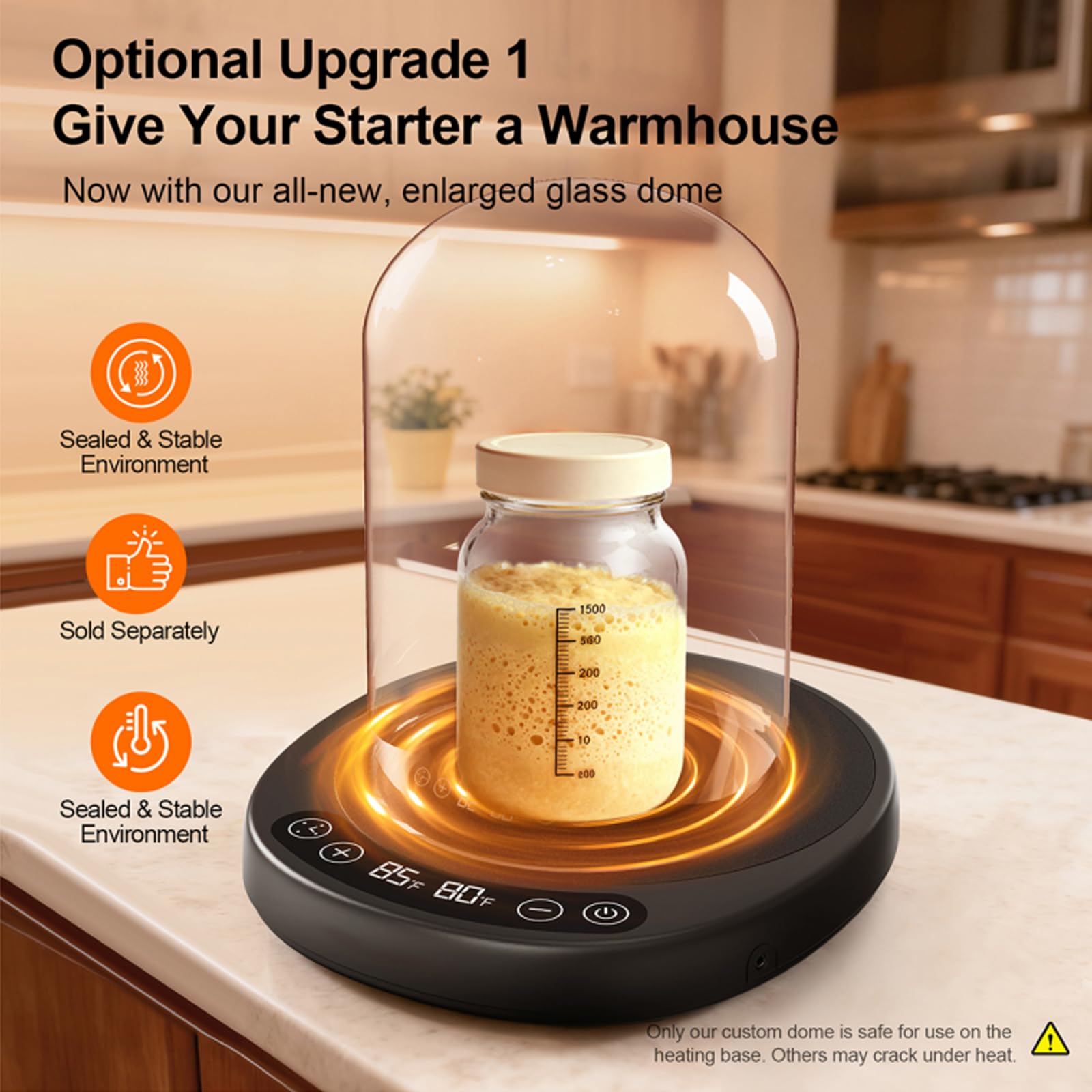 Sourdough Starter Warmer Kit Gift Set - Precise 1? Warmer with Glass Dome, Auto On/Off, 12H Timer, Consistent 70-100? Heat for P