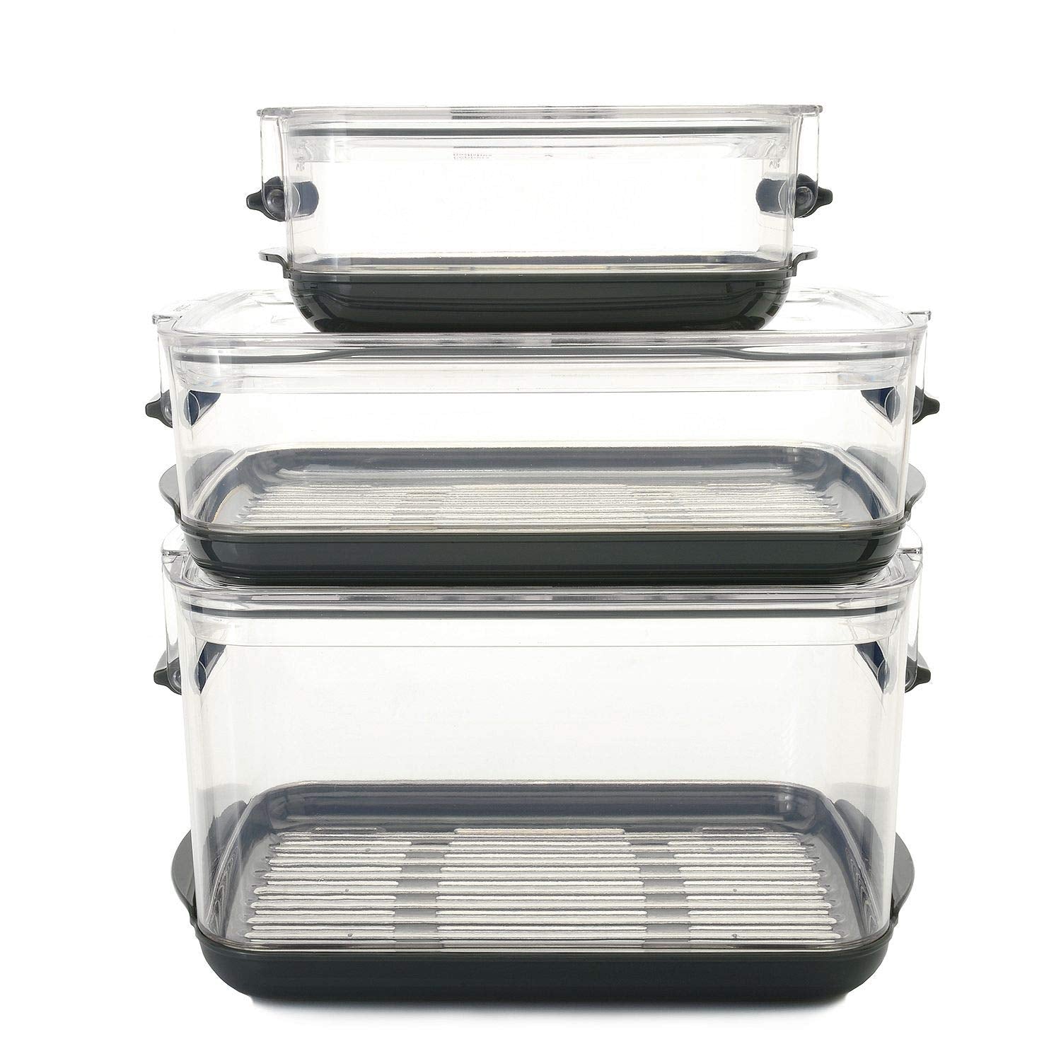 Progressive International Prepworks Prokeeper Clear Food Storage Container 3 Piece Set With Sealed Tight Lids And Drip Case Base