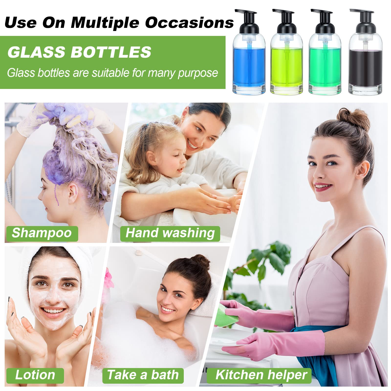 Eccliy 4 Pack 13 Oz Clear Glass Jar Soap Dispenser With Foaming Pump, Clear Thick Hand Liquid Dish Soap Dispenser Round Bottles