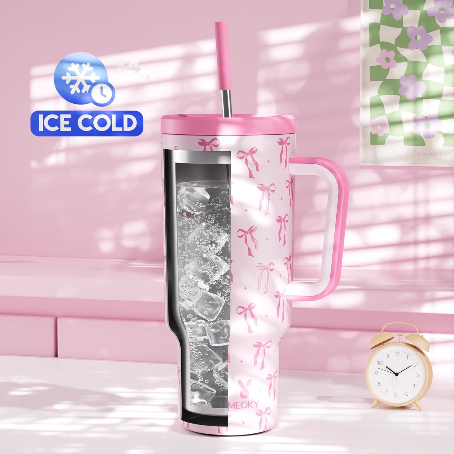 Meoky 40 oz Tumbler with Handle and Straw: Stainless Steel Insulated Tumbler with Lid and Straw - 100% Leak Proof Tumbler for Ca