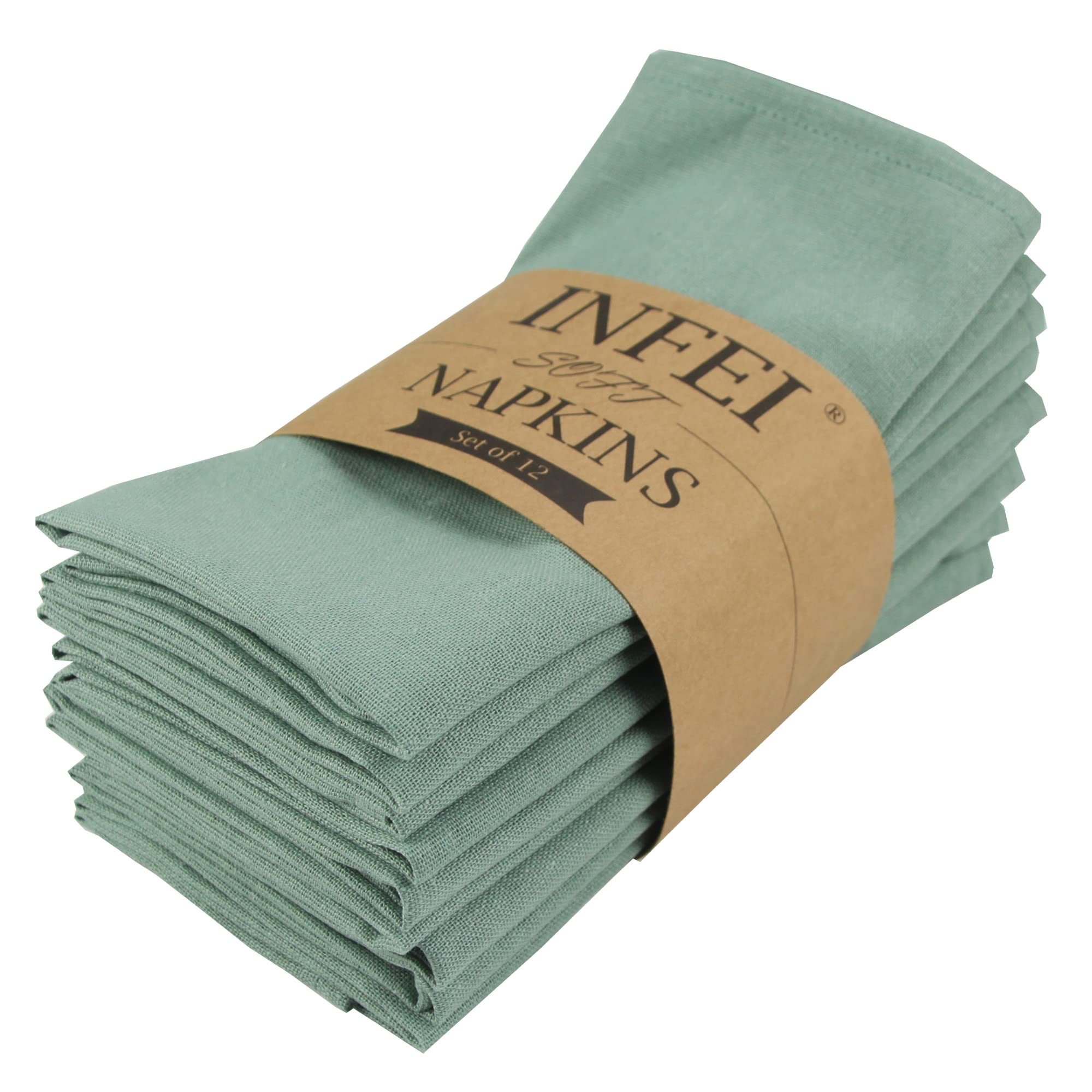 Infei Solid Color Cotton Linen Blended Thin Dinner Cloth Napkins - Set Of 12 (40 X 40 Cm) - For Events & Home Use (Sage Green)