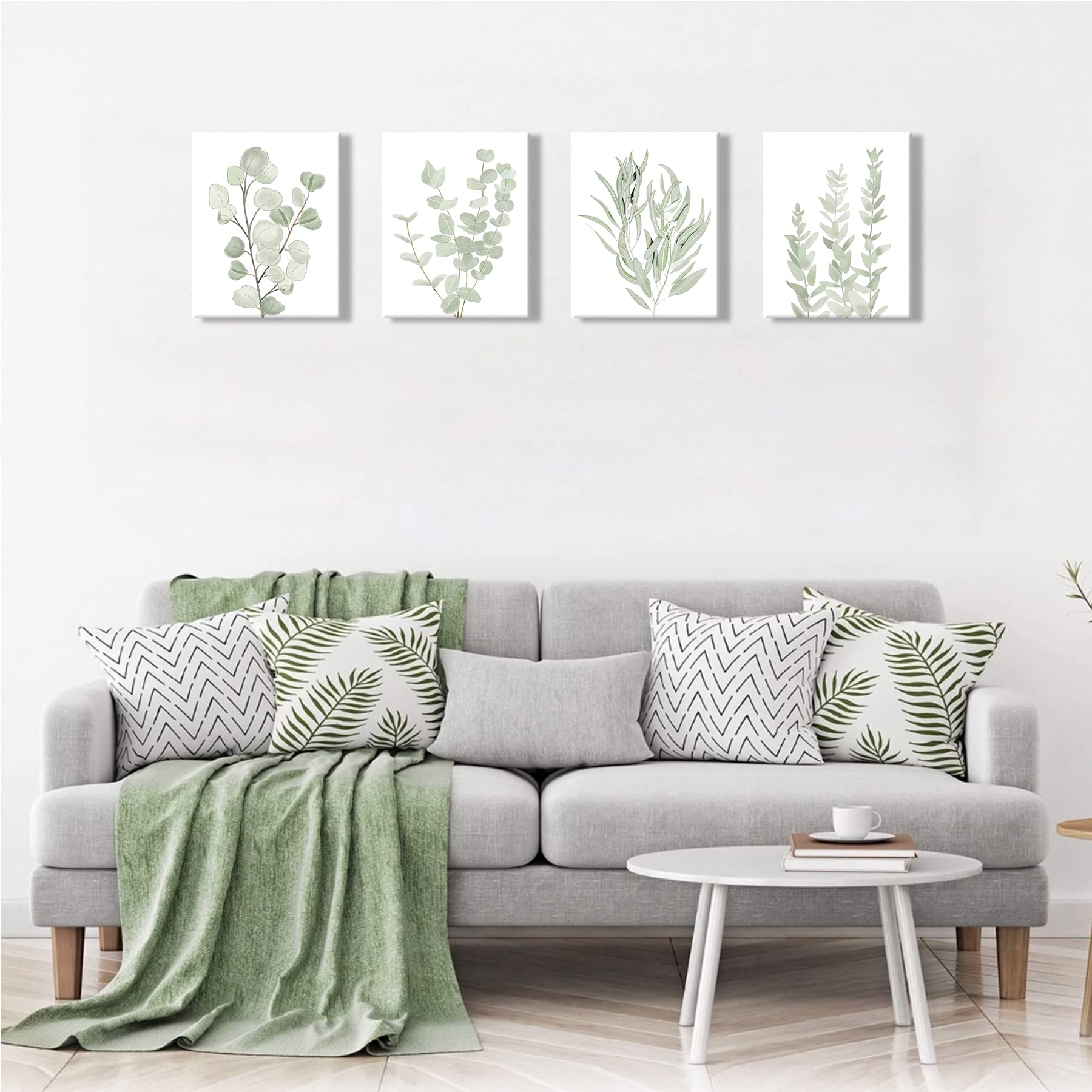 FRAMED Botanical Plant Canvas Wall Art | Boho Plant Wall Decor for Bedroom | Minimalist Floral Prints for Living Room | Light Green Botanical Art Painting for Office | Eucalyptus Leaf Picture | Set of 4 | 8
