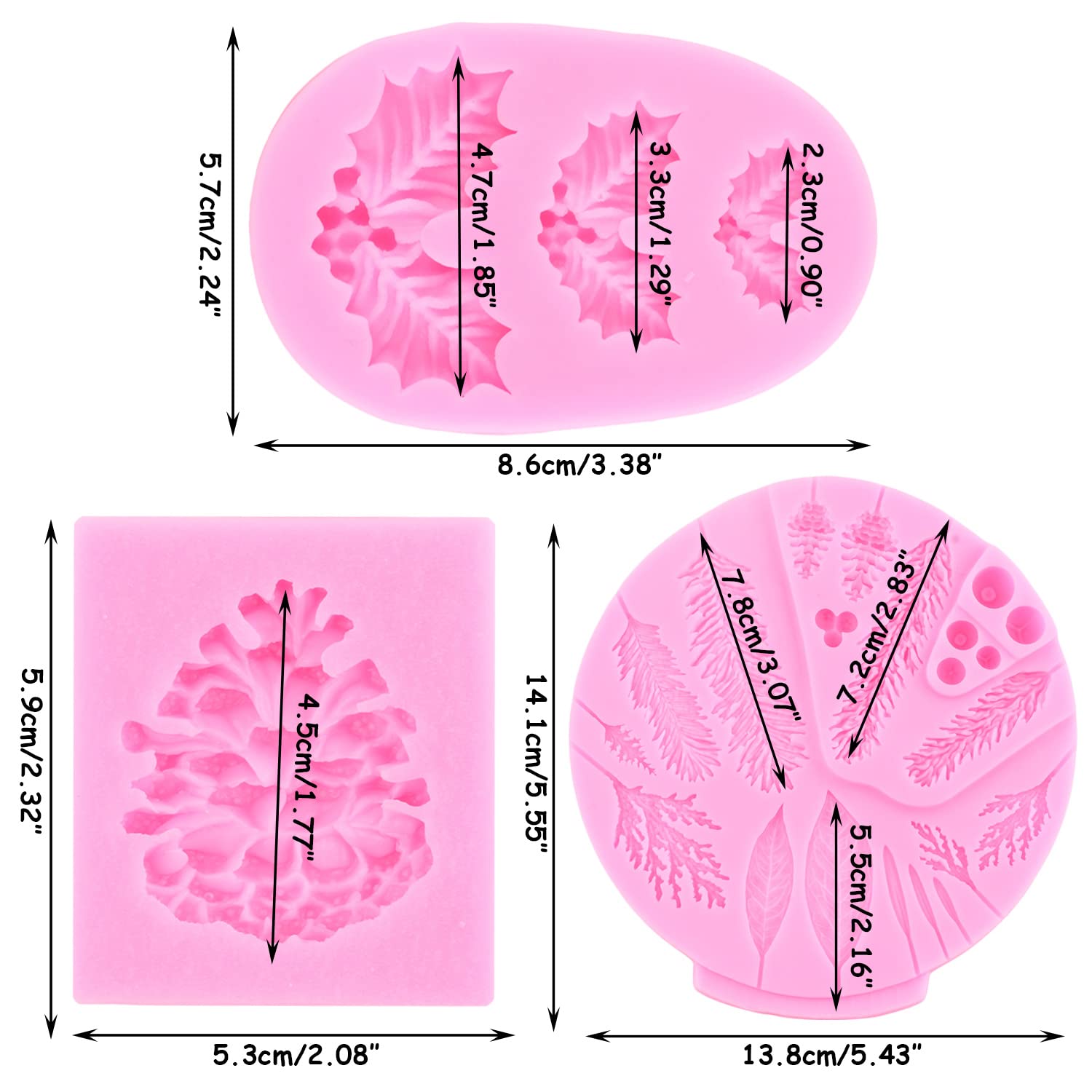 Rfghac Flower Pro Winter Foliage Silicone Mold Pinecone Fondant Molds Holly Leaf Christmas Mold For Cake Decorating Cupcake Topp