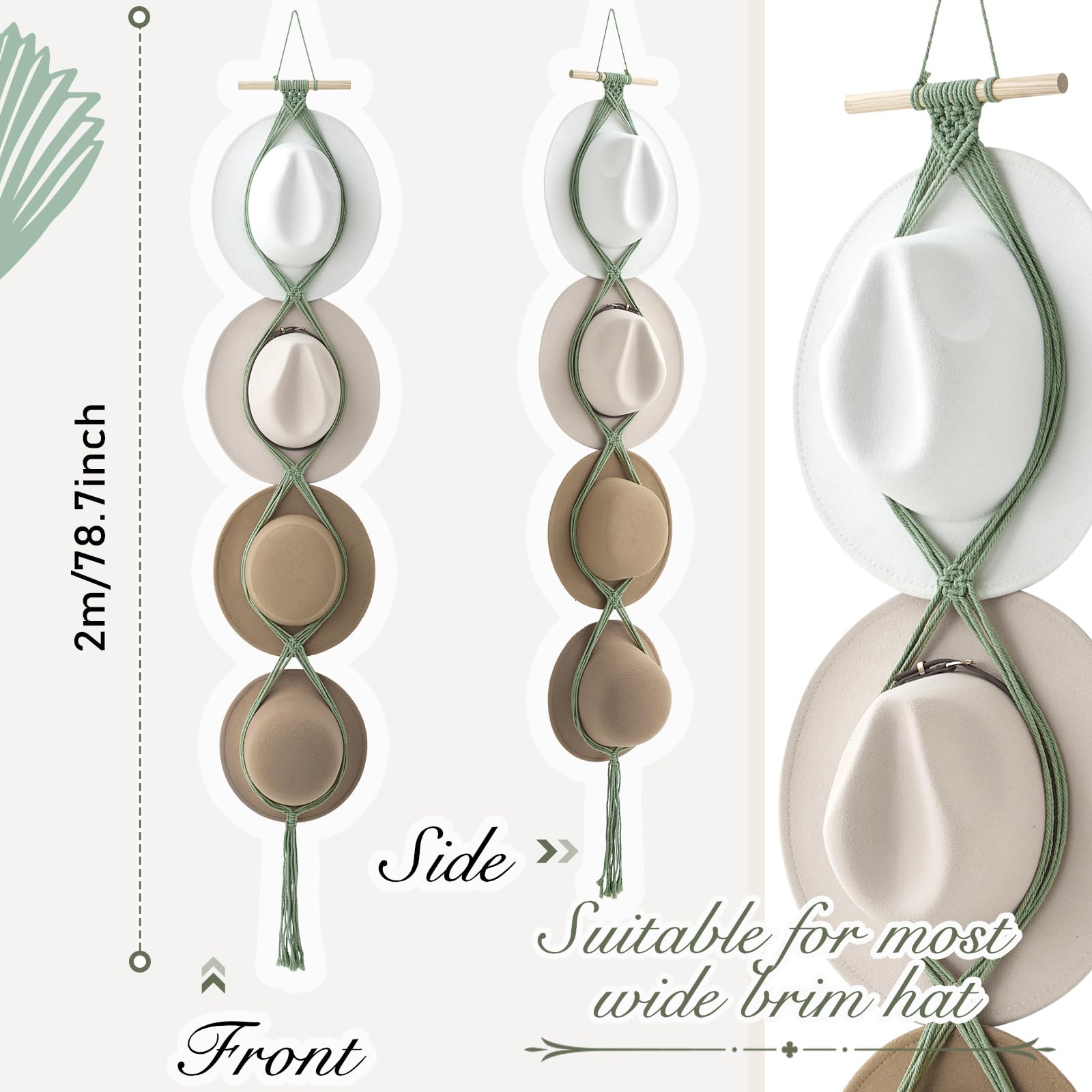 Yulejo Macrame Hat Hangers Boho Hat Rack Cowboy Hat Hanger Back Of Door Hat Organizer (Sage Green,Four Hats Style)