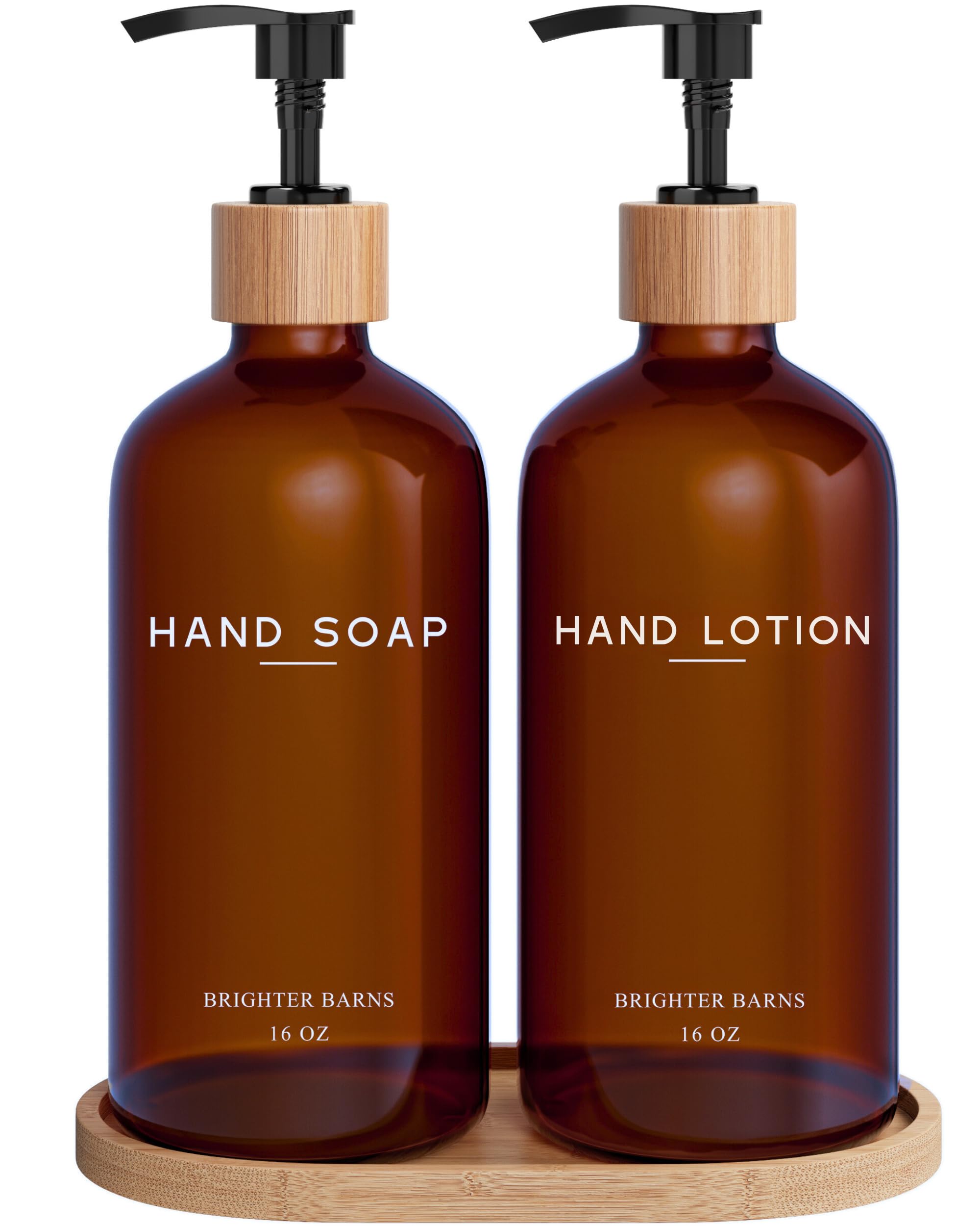 Amber Glass Soap And Lotion Dispenser Set With Tray By Brighter Barns - Hand Soap Dispenser Bathroom Set - Liquid Hand Soap Disp