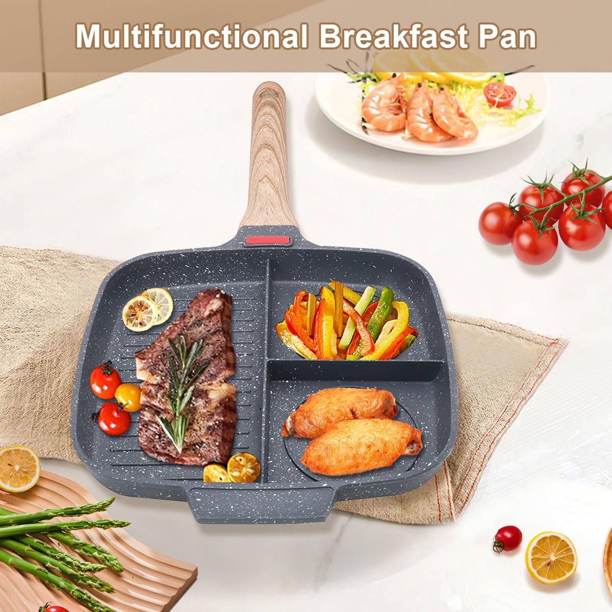 Bobikuke Nonstick Grill Pan For Stove Tops, 10.5 Inch Sectional Skillet, Divided Pan For Breakfast, Square Grill Skillet With Si