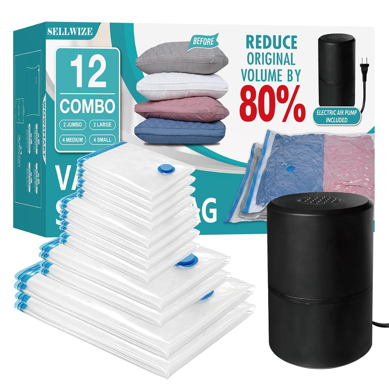 Sellwize 12 Vacuum Storage Bags With Electric Pump, Vacuum Sealed Storage Bags (2Jumbo/2Large/4Medium/4Small), Space Saver Vacuu